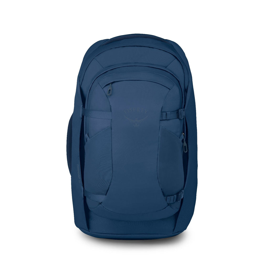 Front image of the Antique blue Osprey Farpoint 70 Travel backpack with multiple compartments, padded shoulder straps, and a top handle, shown against a white background.