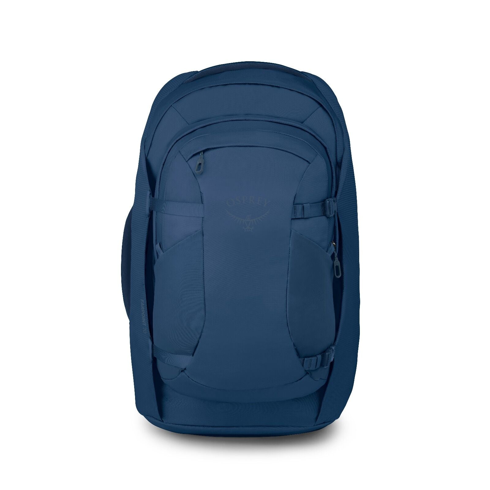 Front image of the Antique blue Osprey Farpoint 70 Travel backpack with multiple compartments, padded shoulder straps, and a top handle, shown against a white background.
