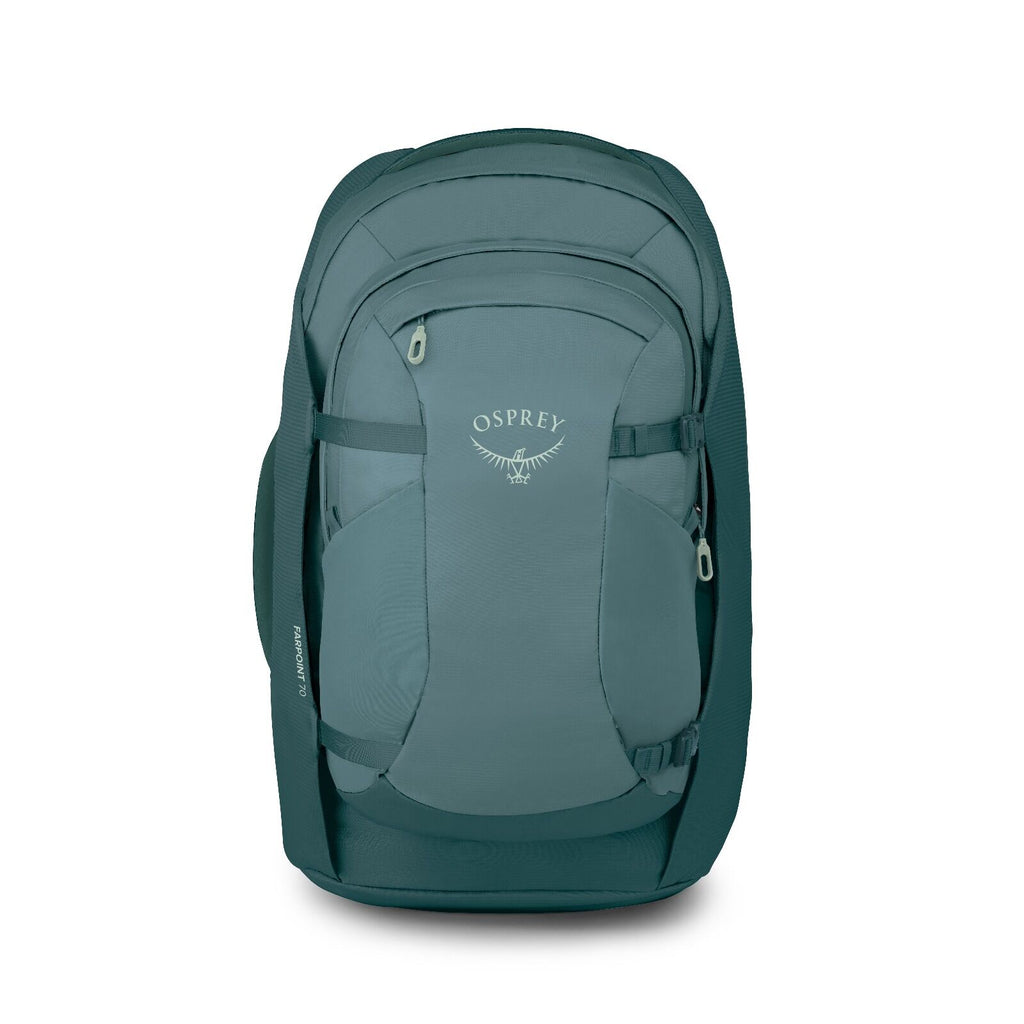 Front image of the Cascade Blue Osprey Farpoint 70 Travel backpack with multiple compartments, padded shoulder straps, and a top handle, shown against a white background.