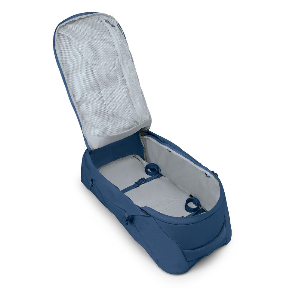 Internal image of the Antique blue Osprey Farpoint 70 Travel backpack with multiple compartments, padded shoulder straps, and a top handle, shown against a white background.