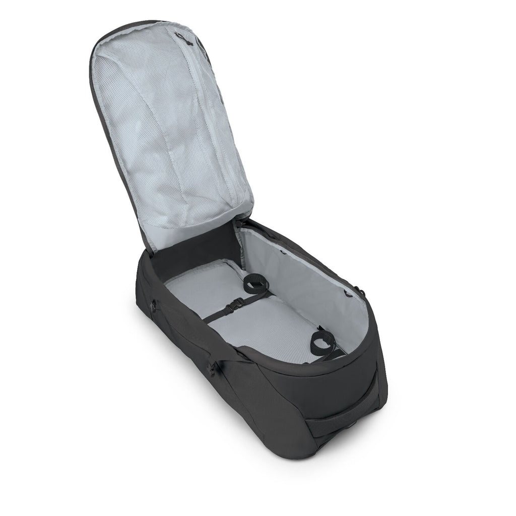 Internal image of the Black Osprey Farpoint 70 Travel backpack with multiple compartments, padded shoulder straps, and a top handle, shown against a white background.