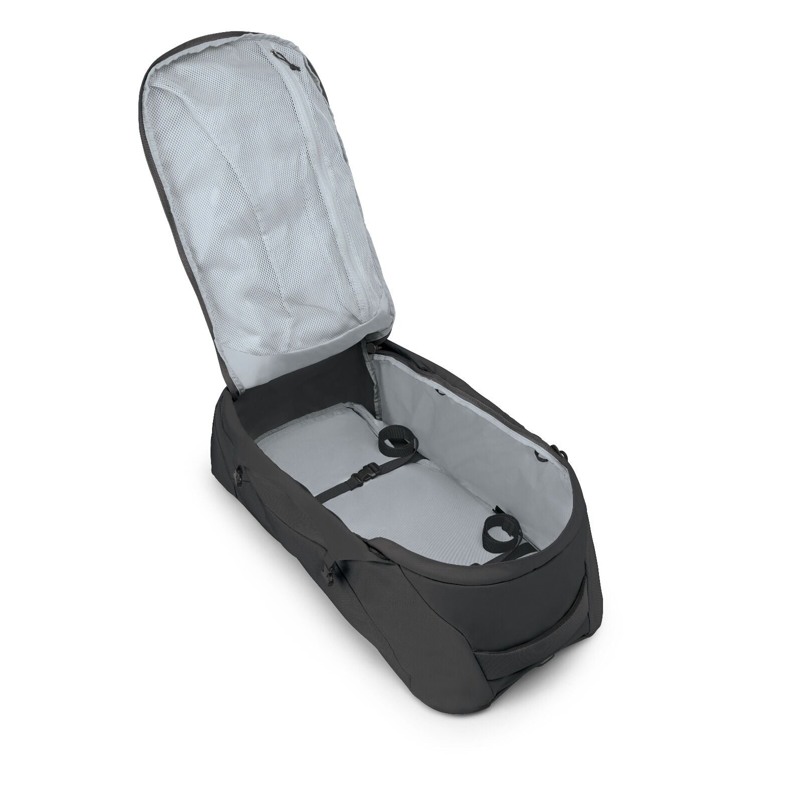 Internal image of the Black Osprey Farpoint 70 Travel backpack with multiple compartments, padded shoulder straps, and a top handle, shown against a white background.