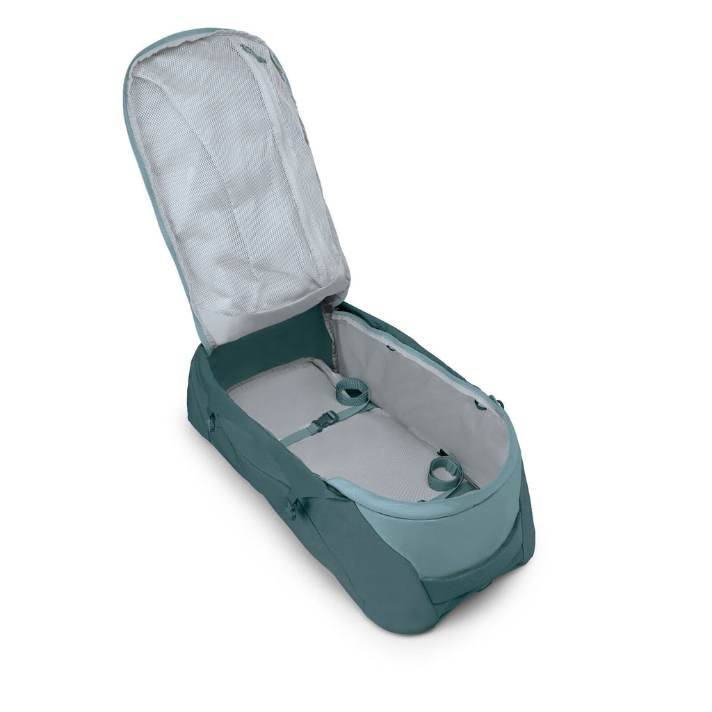 Internal image of the Cascade Blue Osprey Farpoint 70 Travel backpack with multiple compartments, padded shoulder straps, and a top handle, shown against a white background.