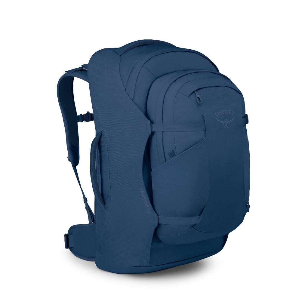 Antique blue Osprey Farpoint 70 Travel backpack with multiple compartments, padded shoulder straps, and a top handle, shown against a white background.