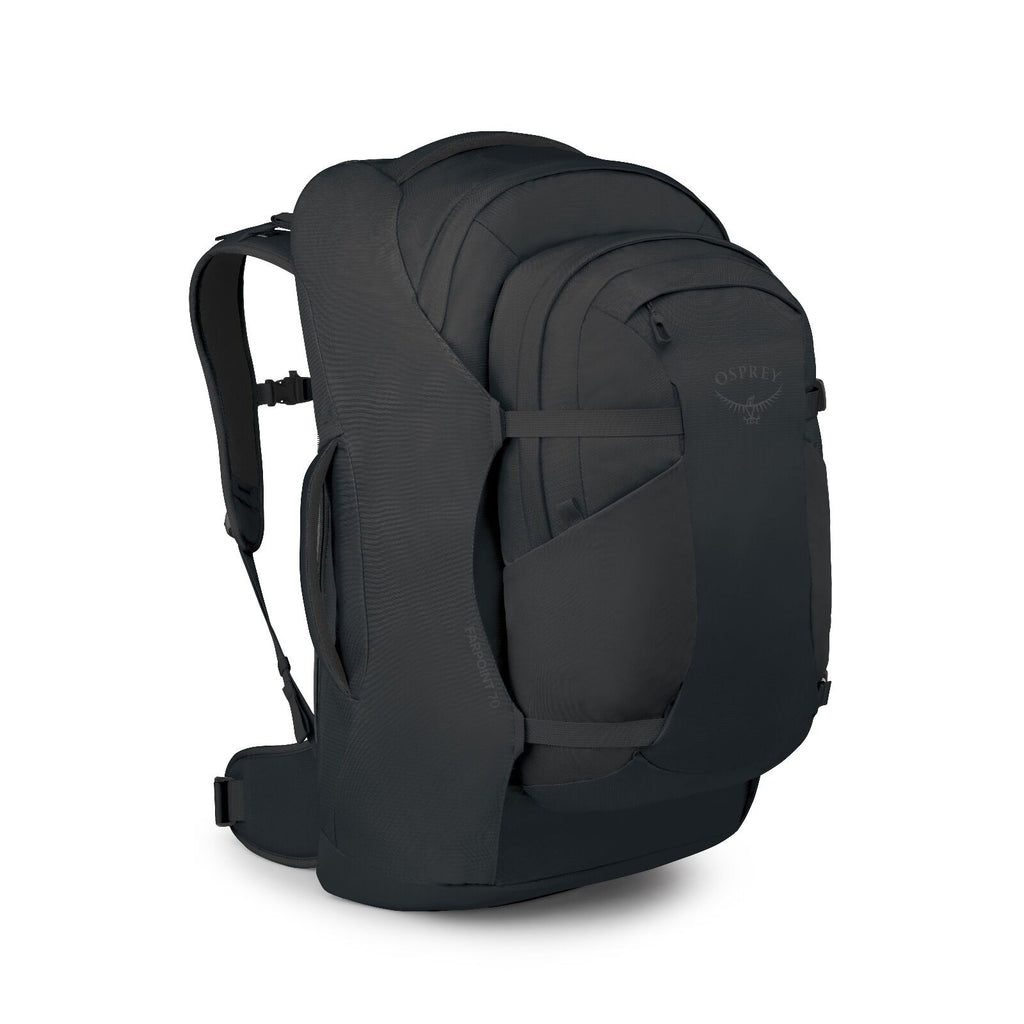 Side image of the Black Osprey Farpoint 70 Travel backpack with multiple compartments, padded shoulder straps, and a top handle, shown against a white background.