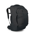 Side image of the Black Osprey Farpoint 70 Travel backpack with multiple compartments, padded shoulder straps, and a top handle, shown against a white background.