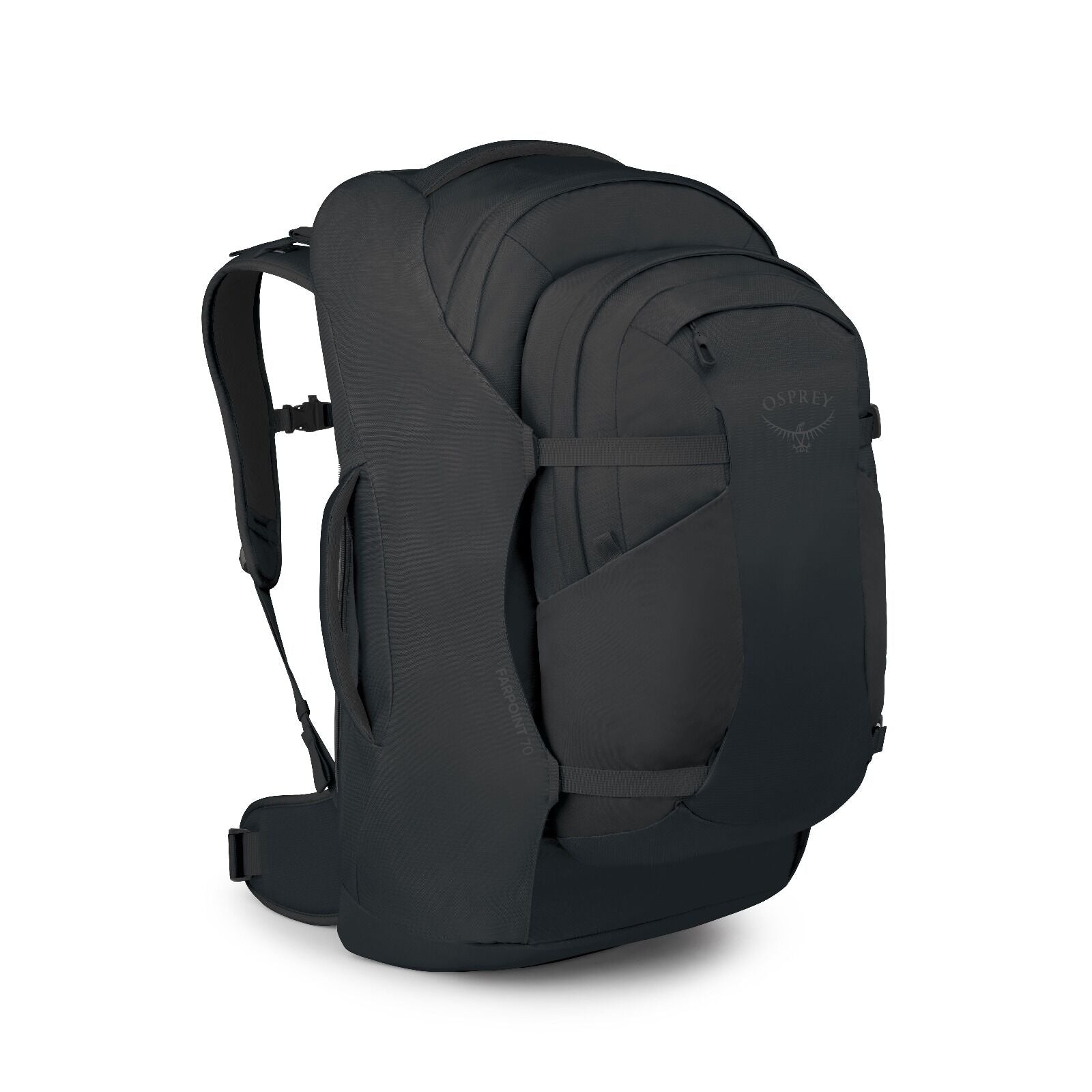 Side image of the Black Osprey Farpoint 70 Travel backpack with multiple compartments, padded shoulder straps, and a top handle, shown against a white background.