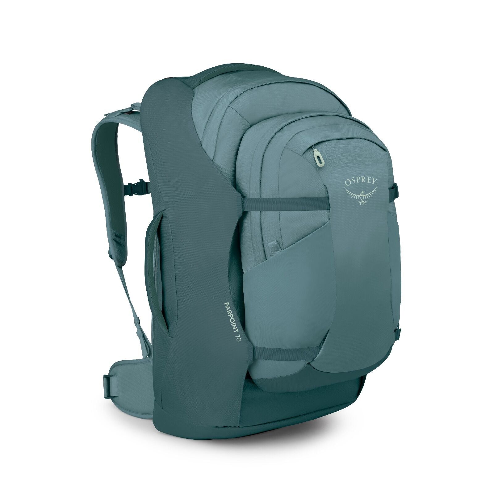 Cascade Blue Osprey Farpoint 70 Travel backpack with multiple compartments, padded shoulder straps, and a top handle, shown against a white background.