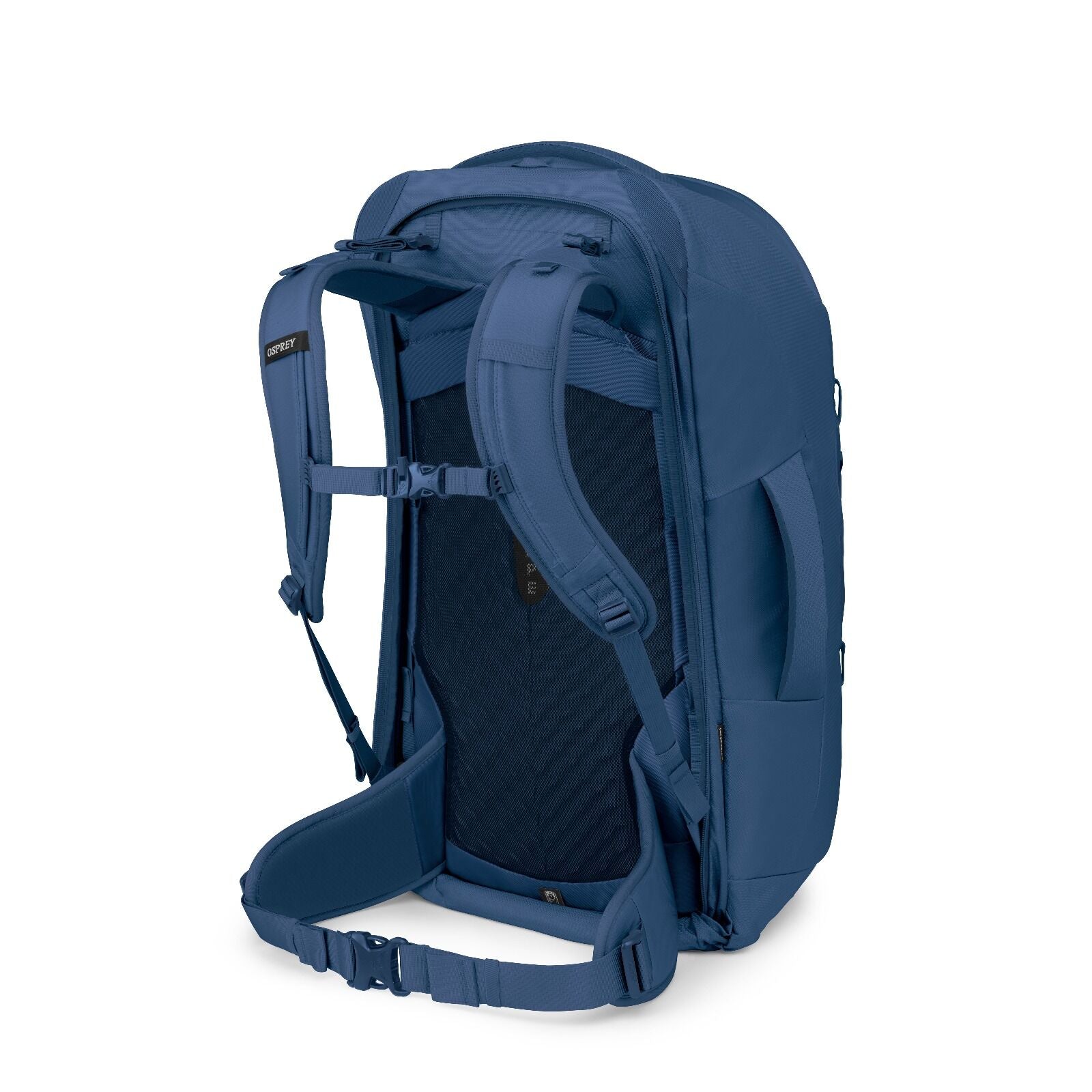Sideback image of the Antique blue Osprey Farpoint 70 Travel backpack with multiple compartments, padded shoulder straps, and a top handle, shown against a white background.