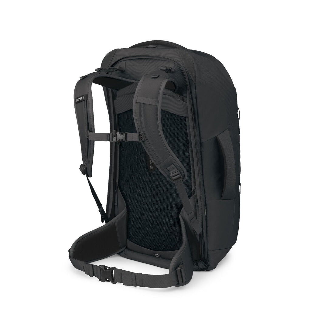 Sideback image of the Black Osprey Farpoint 70 Travel backpack with multiple compartments, padded shoulder straps, and a top handle, shown against a white background.