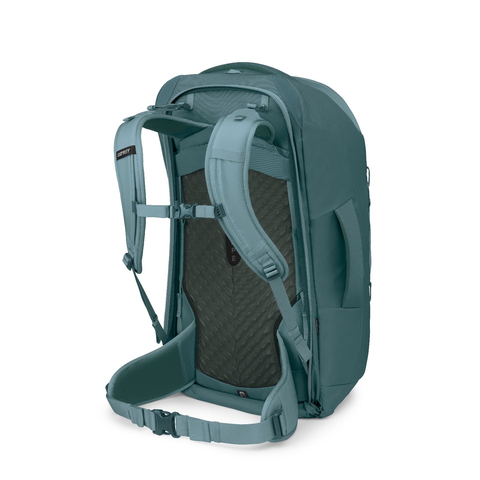 sideback image of the Cascade Blue Osprey Farpoint 70 Travel backpack with multiple compartments, padded shoulder straps, and a top handle, shown against a white background.