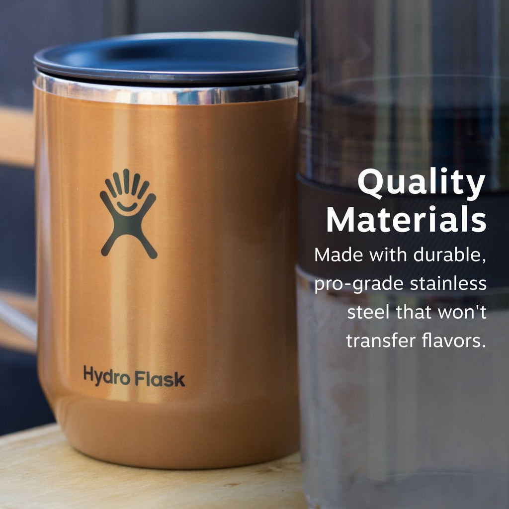 Copper-colored Hydro Flask with a logo, next to text: "Quality Materials. Made with durable, pro-grade stainless steel that won't transfer flavors."