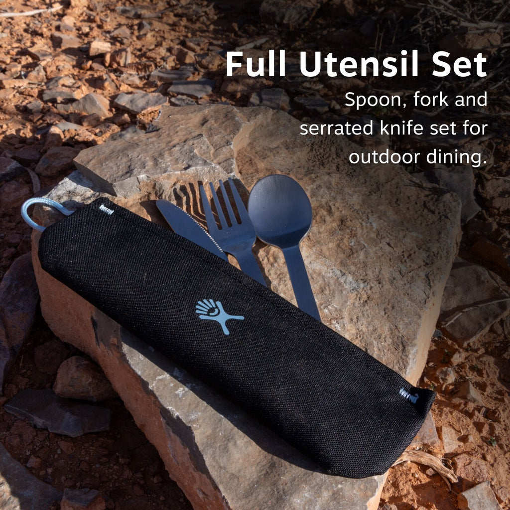 Full Utensil Set: Spoon, fork and serrated knife set for outdor dining.