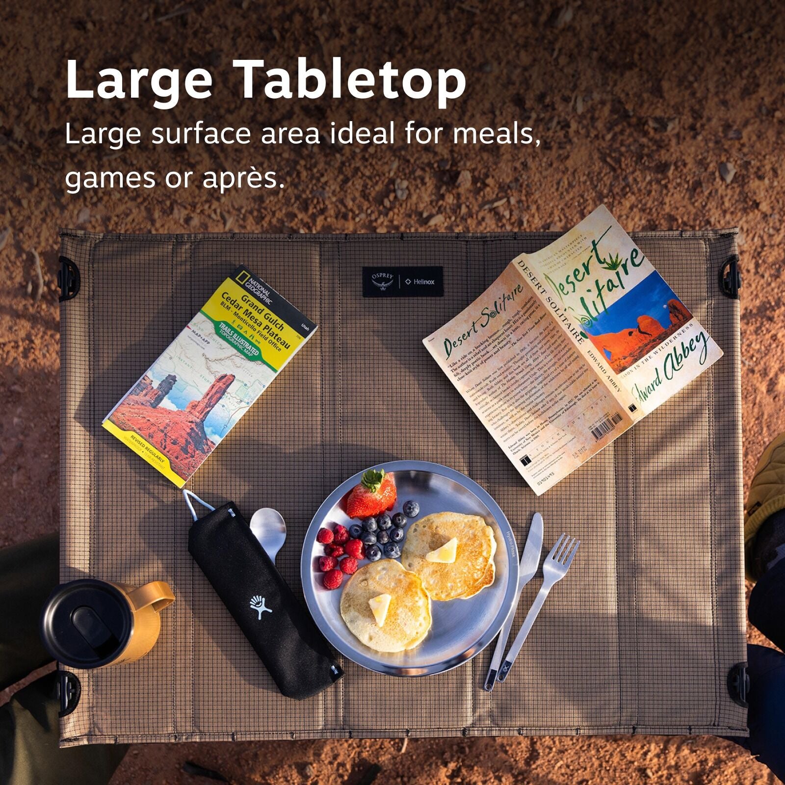 Large Tabletop: Large surface area ideal for meals, games or apres.