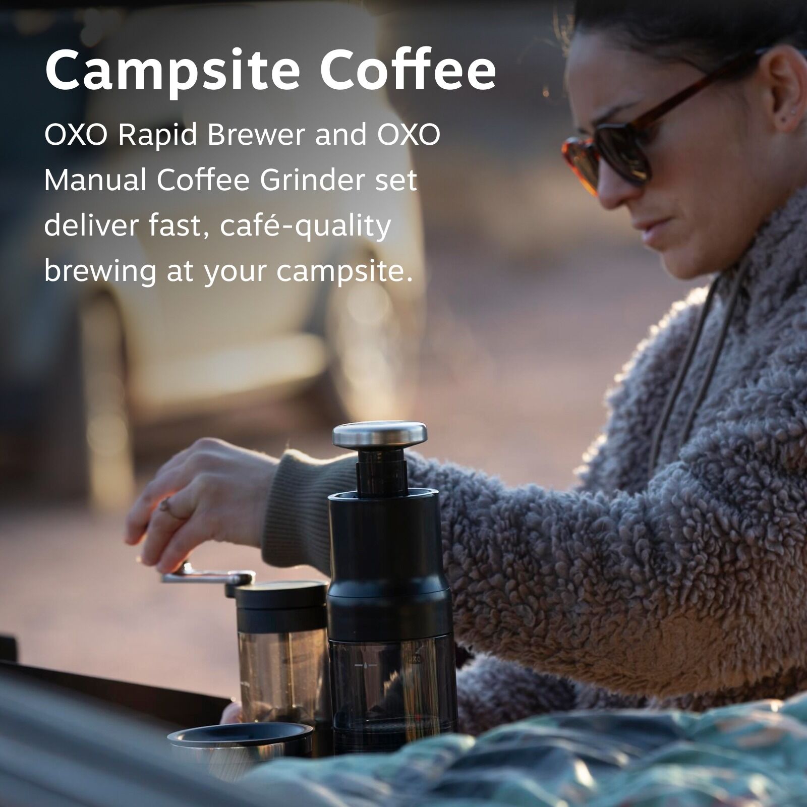 Campsite Coffee: Oxo Rapid Brewer and Oxo Manual Coffee Grinder set deliver fast, cafe-quality brewing at your campsite.