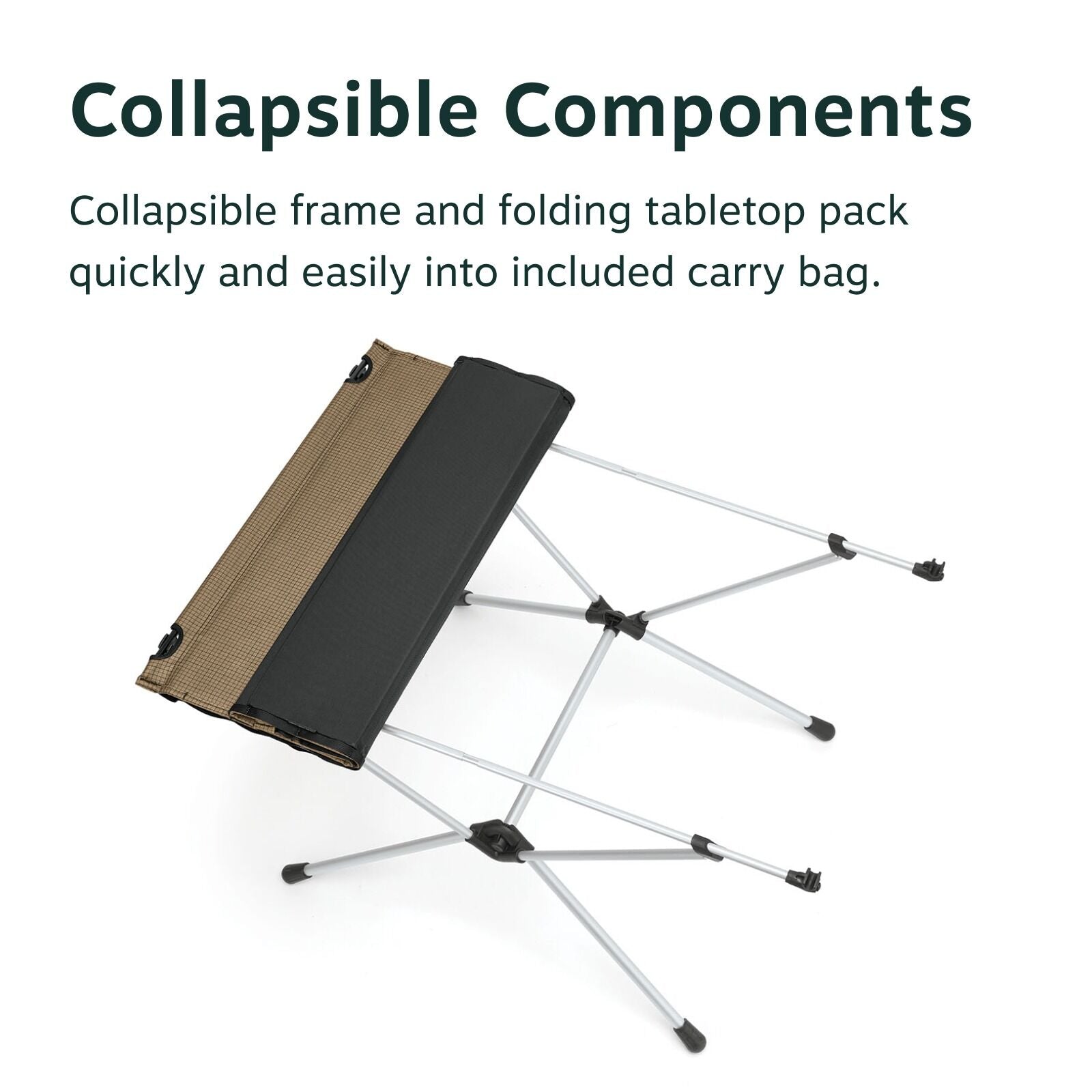 Collapible Components: Collapsible frame and folding tabletop pack quickly and easily into included carry bag