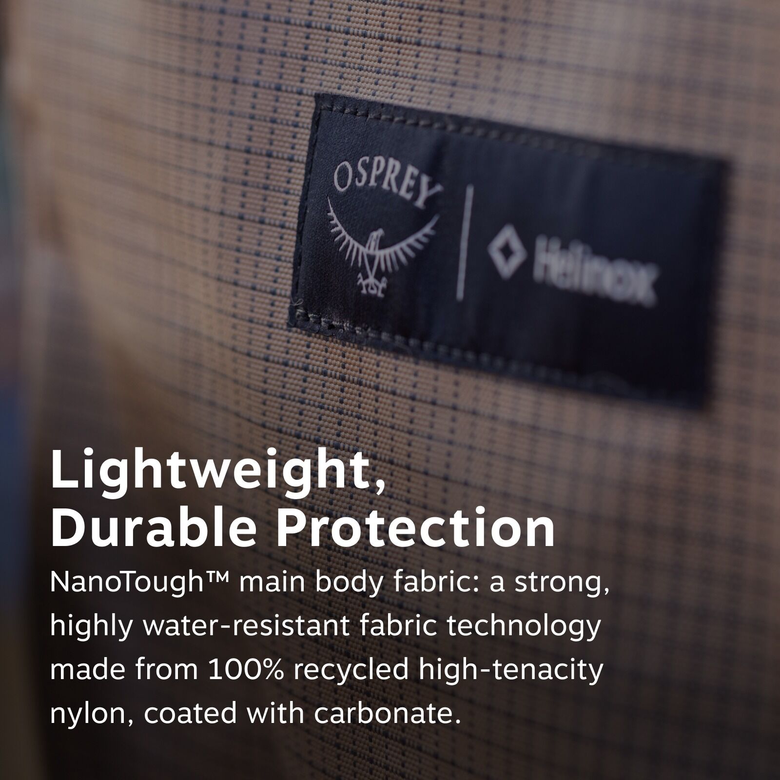 Close-up of a fabric tag on a checkered pattern, showing logos for Osprey and Helinox. Text highlights the fabric's lightweight, durable, water-resistant properties.