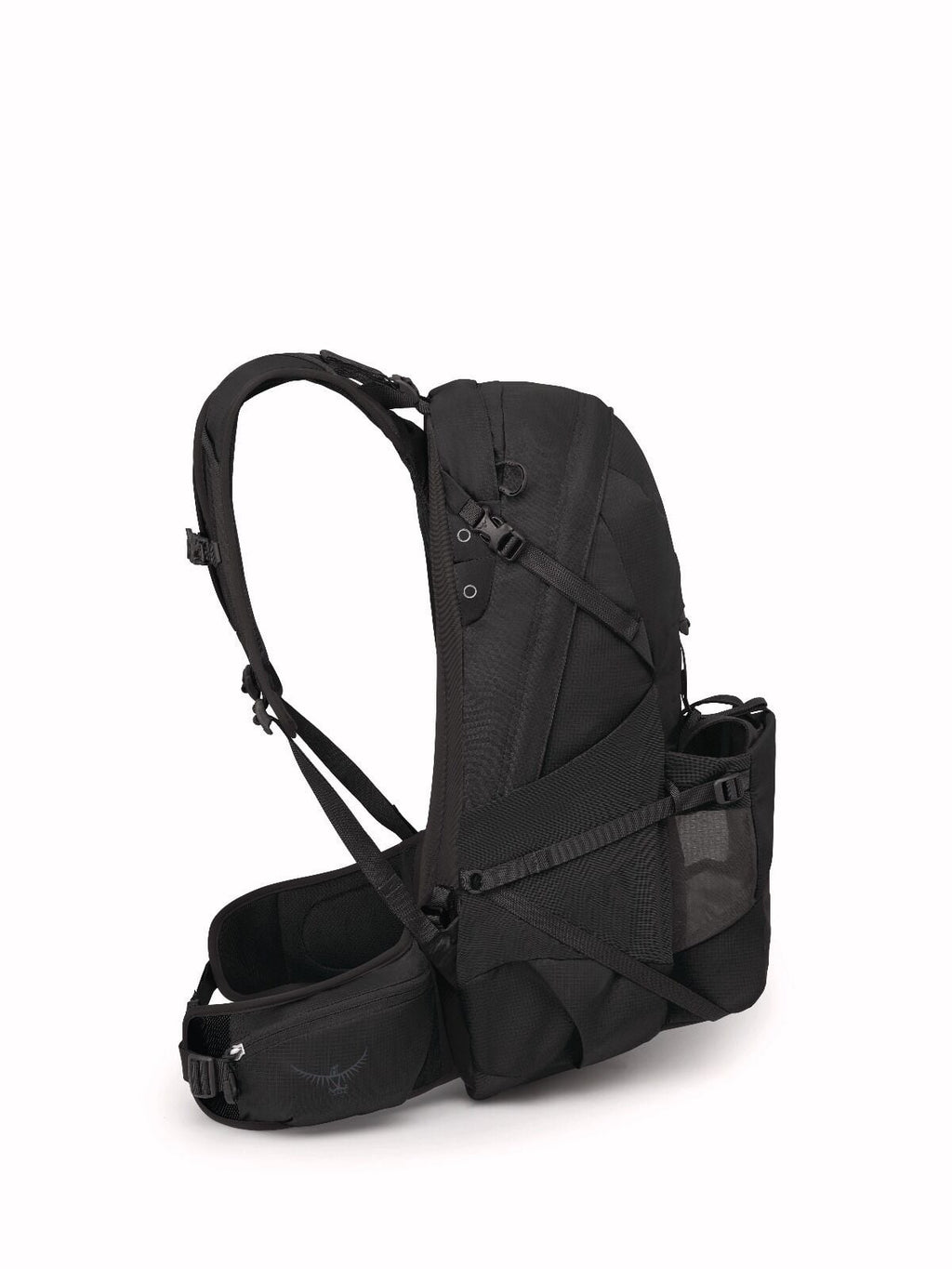 black hiking backpack with ergonomic design, adjustable straps, side mesh pocket, and padded hip belt. The tone conveys durability and adventure readiness.