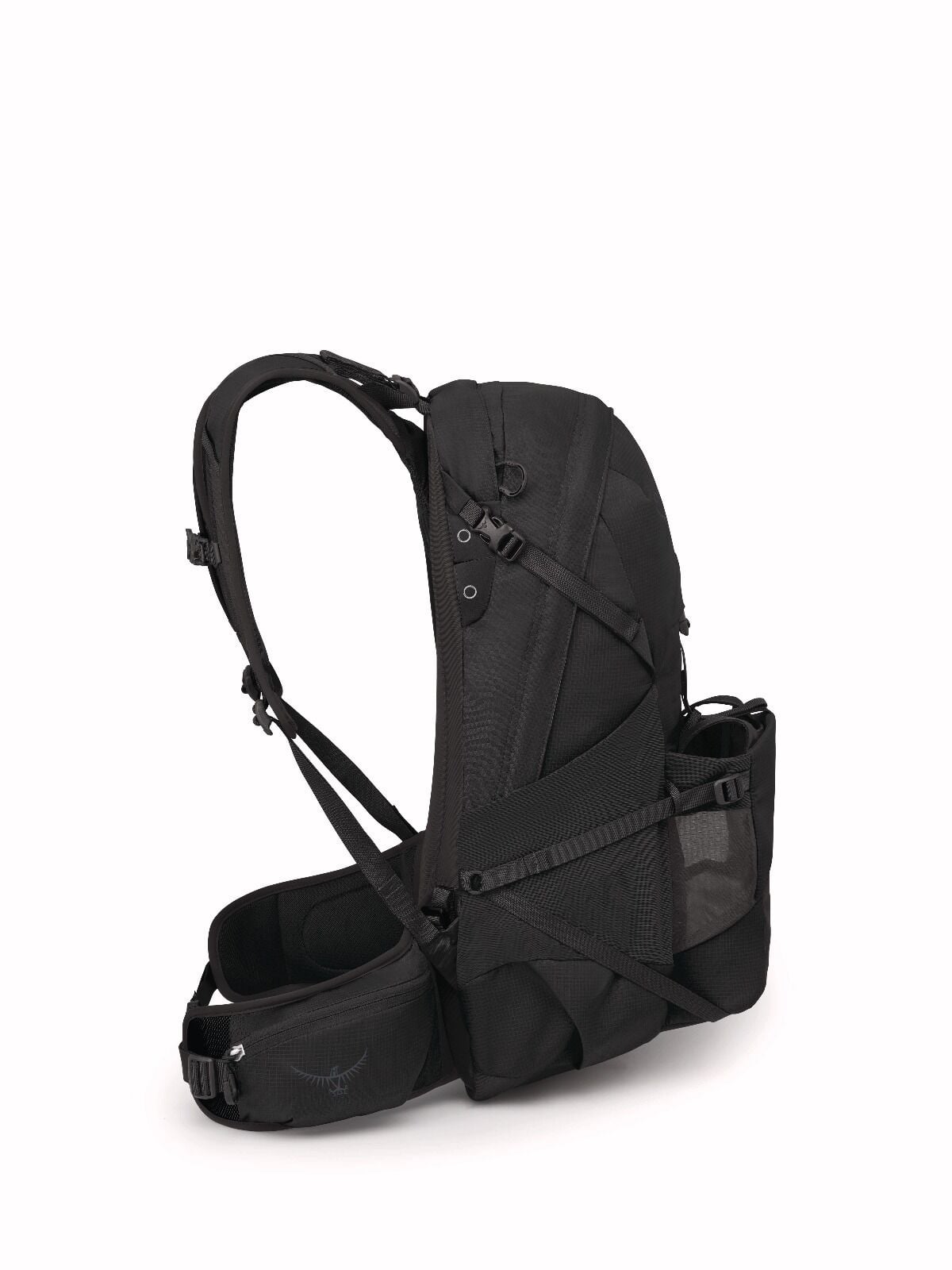 black hiking backpack with ergonomic design, adjustable straps, side mesh pocket, and padded hip belt. The tone conveys durability and adventure readiness.