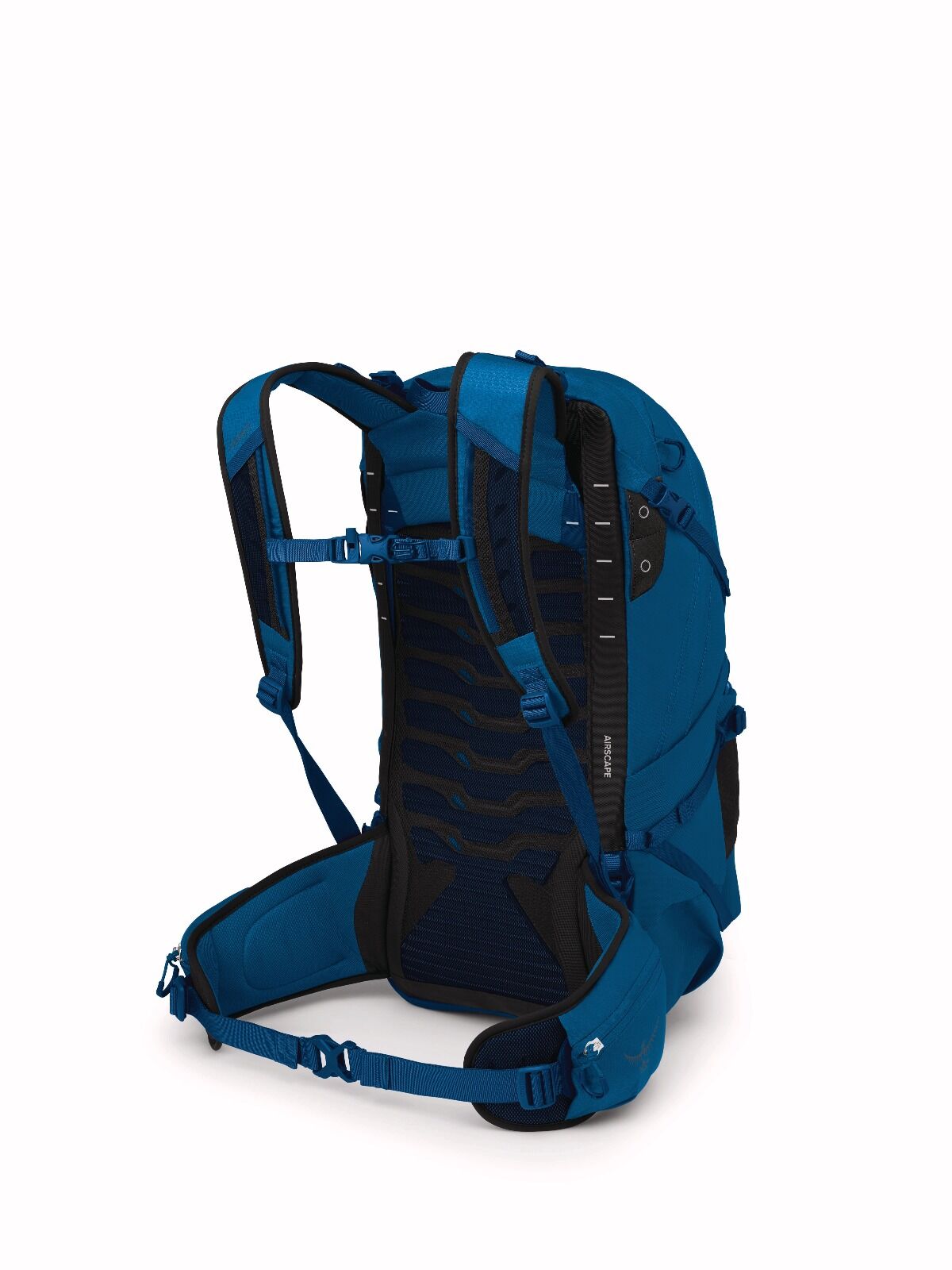 A sleek blue backpack is shown from the back, featuring padded shoulder straps, a ventilated back panel, and adjustable waist belts for comfort.
