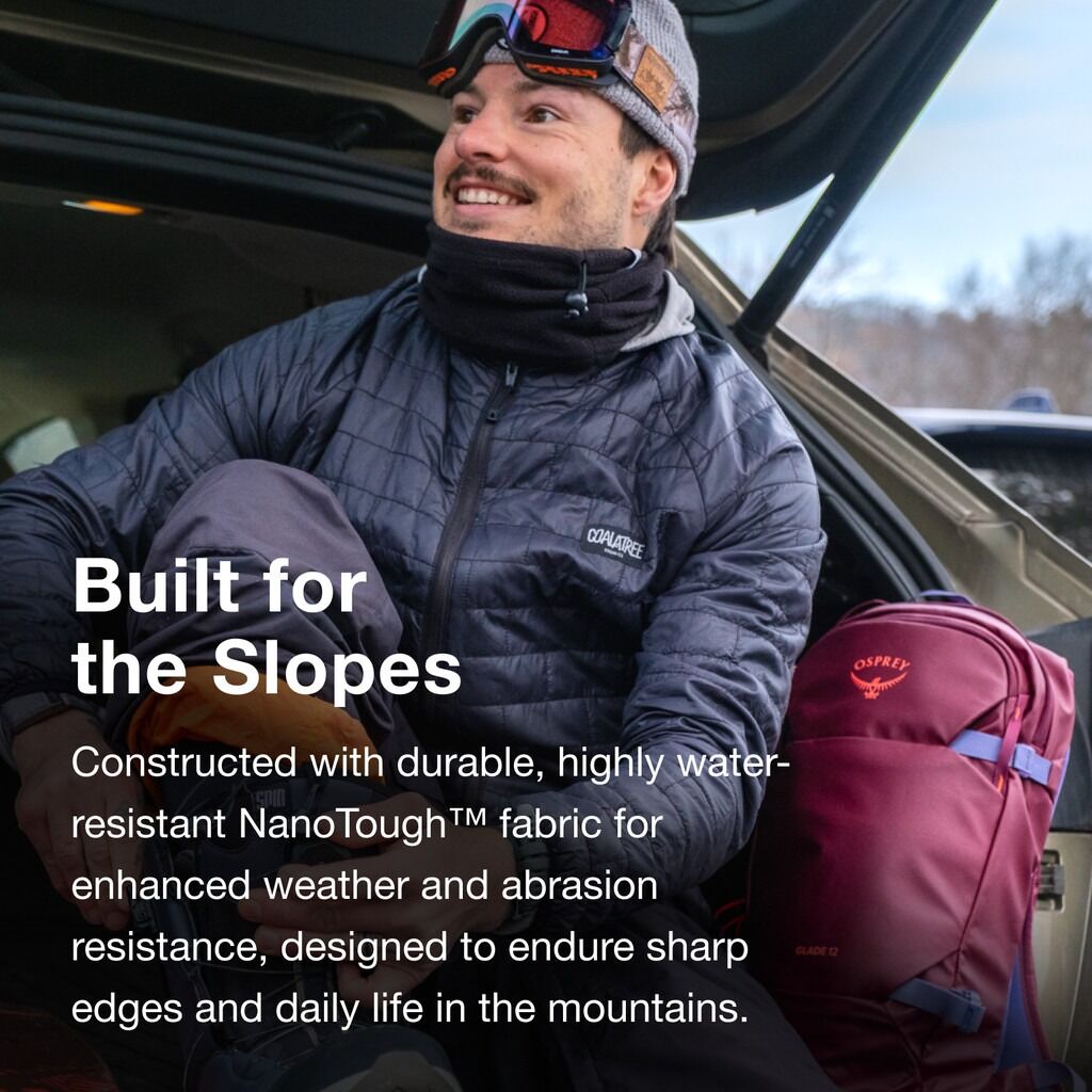 Woman hydrating with Osprey Hydraulics LS 2.5L reservoir and insulated harness.