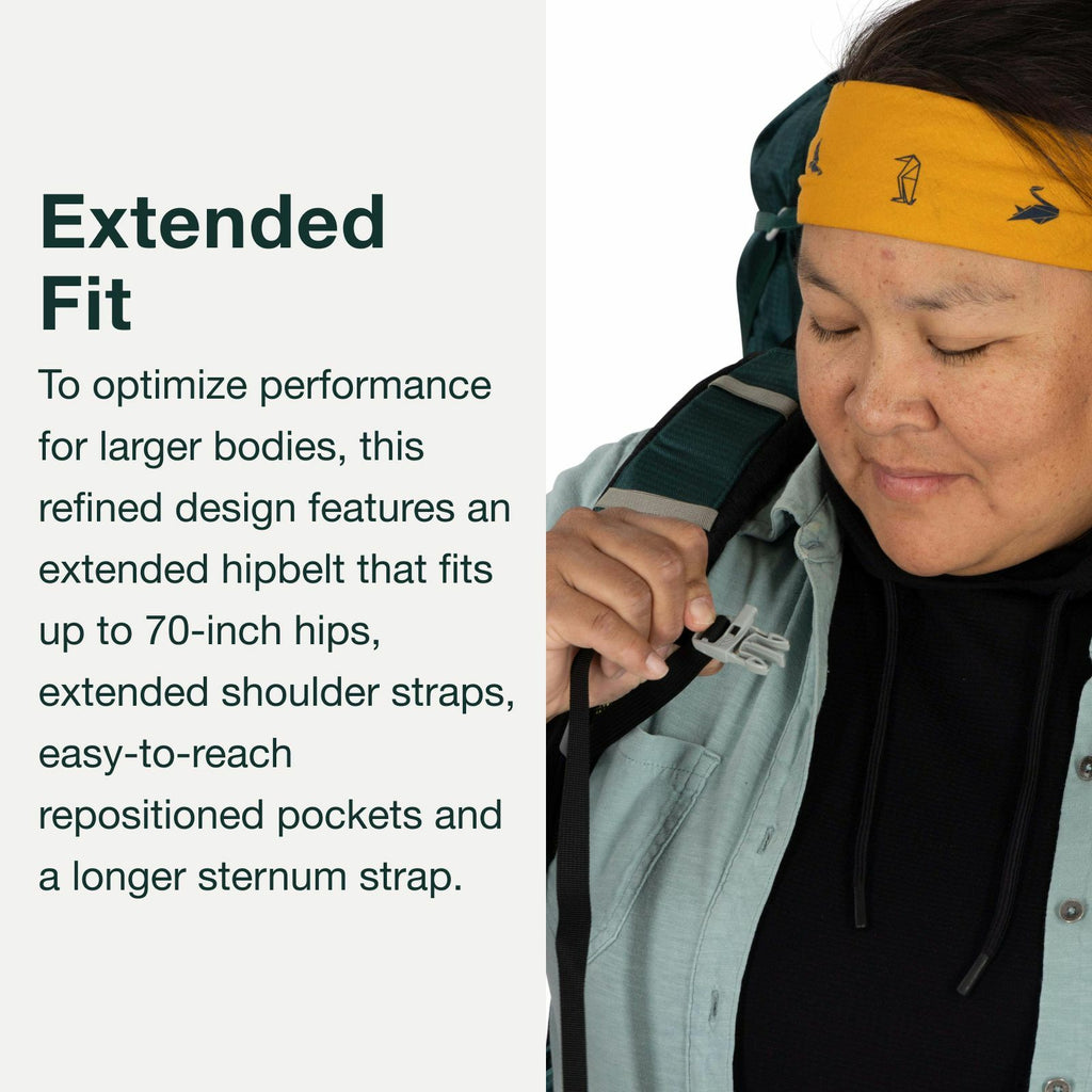A person adjusts their backpack, showcasing its extended hipbelt and shoulder straps designed for larger bodies.