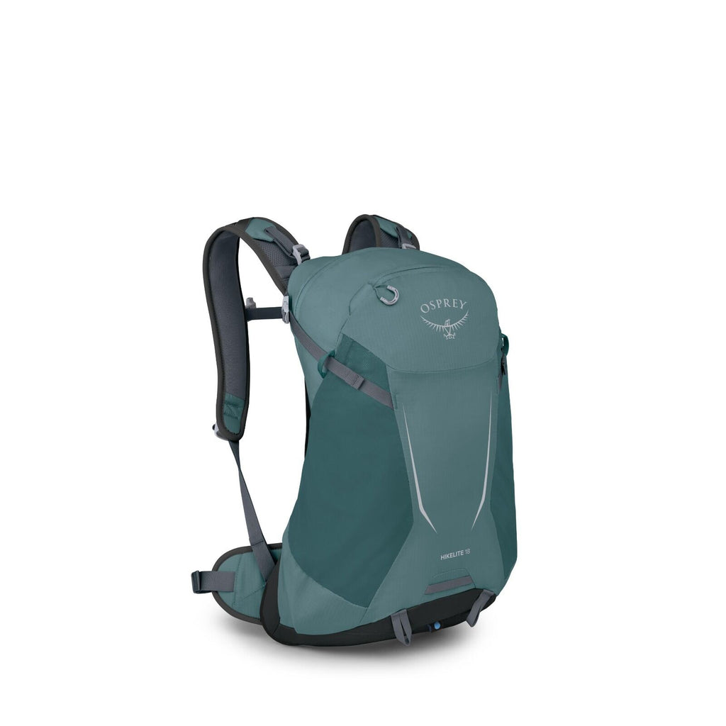 The image showcases an Osprey Hikelite 18 backpack in a teal color. The backpack appears compact and is designed with hiking in mind, featuring padded shoulder straps and a hip belt for added comfort during extended use. It includes reflective details for