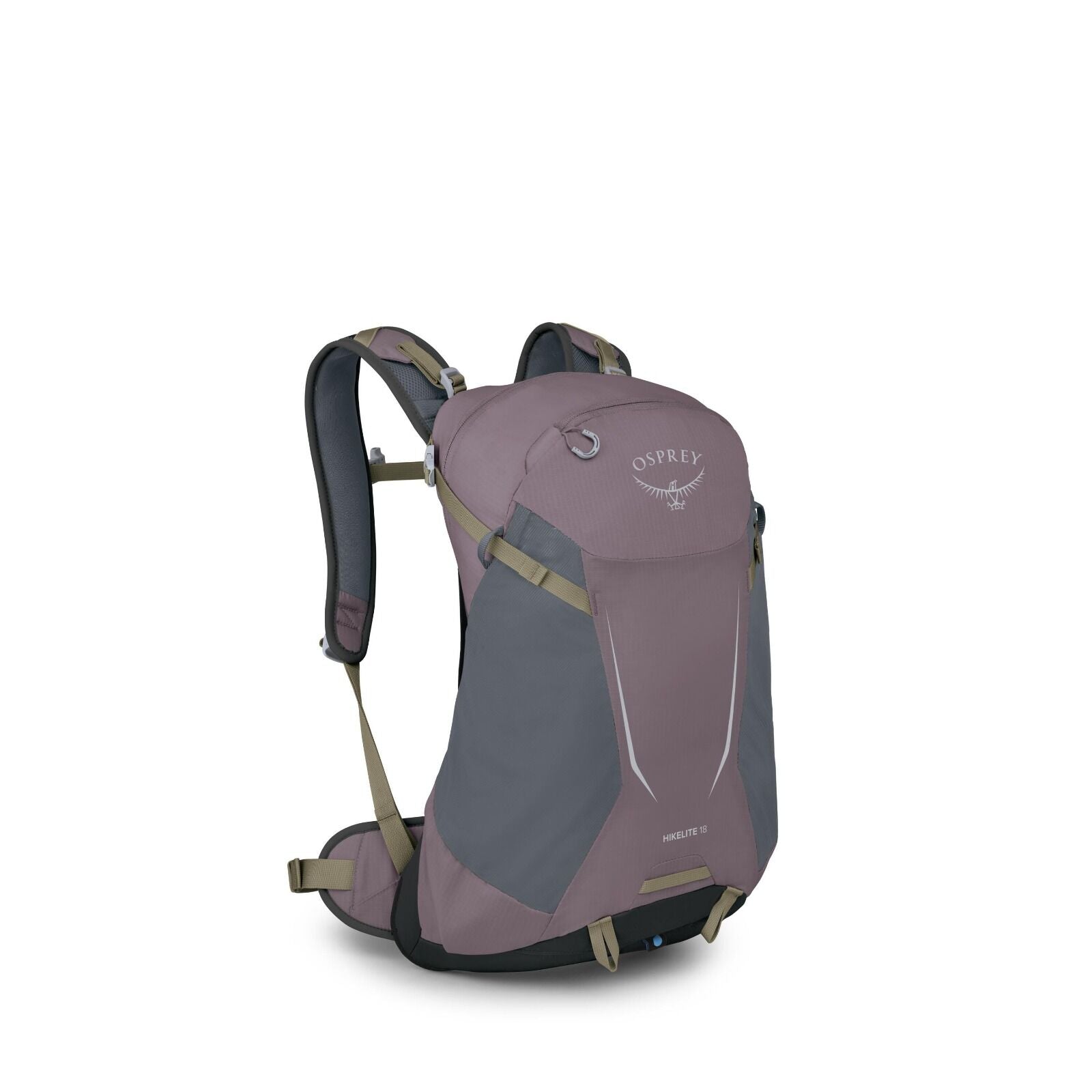 The image depicts a purple and gray Osprey hiking backpack, specifically the Hikelite 18 model. The backpack features an ergonomic design with padded shoulder straps and a hip belt for comfortable weight distribution. There are various attachment points a