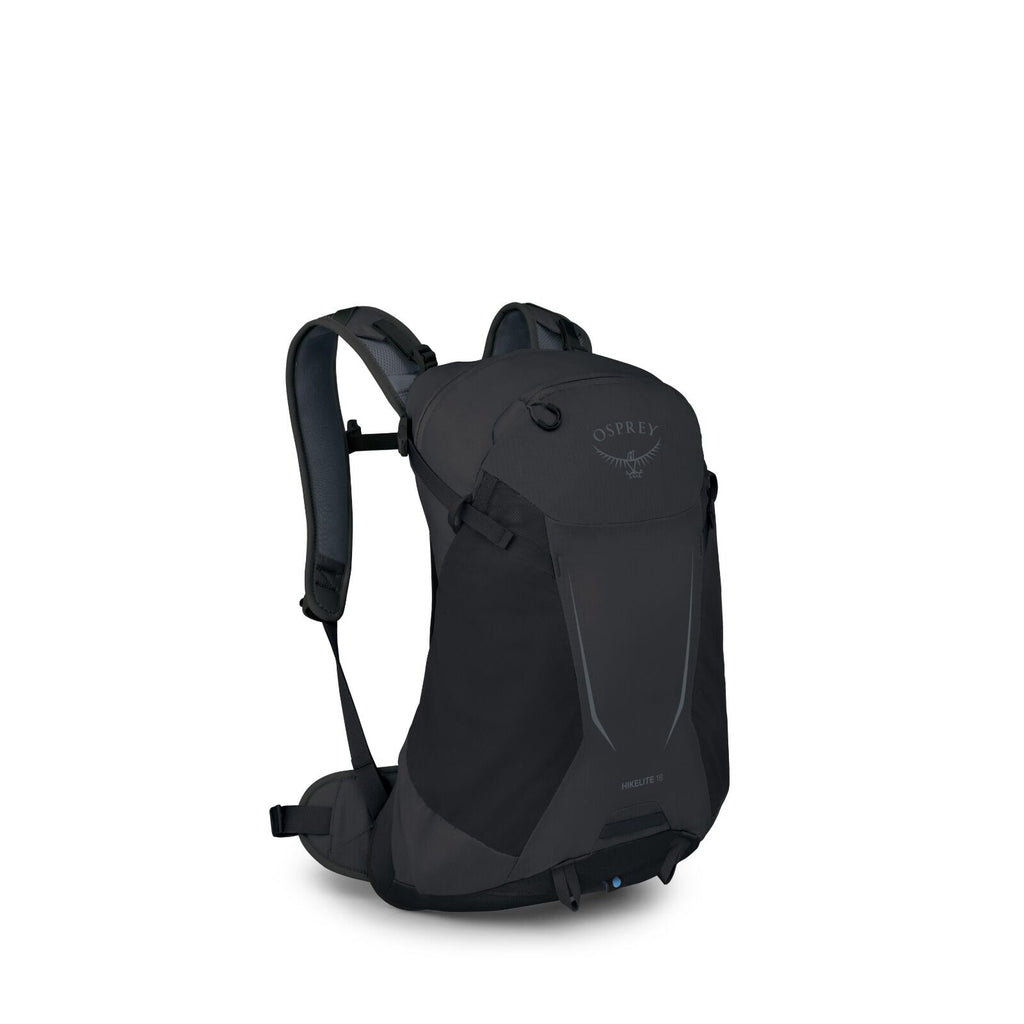 The image features a black Osprey backpack designed for hiking. The backpack has a sleek and streamlined appearance, with a large main compartment and several adjustable straps for comfort and fit. The Osprey logo is prominently displayed on the top front