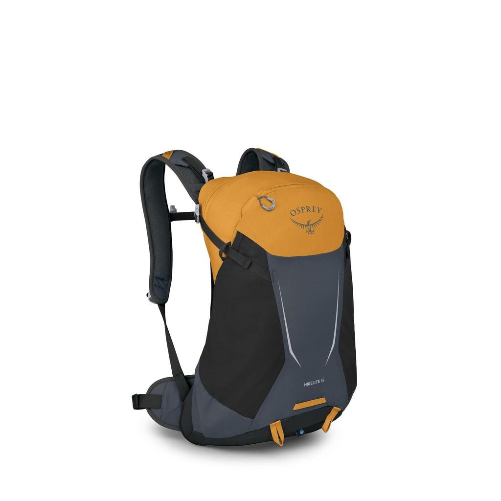 The image showcases a sleek and compact hiking backpack from the brand Osprey. The backpack is predominantly gray with vibrant orange accents on the upper section, adding a touch of color and contrast to the design. It features adjustable shoulder straps