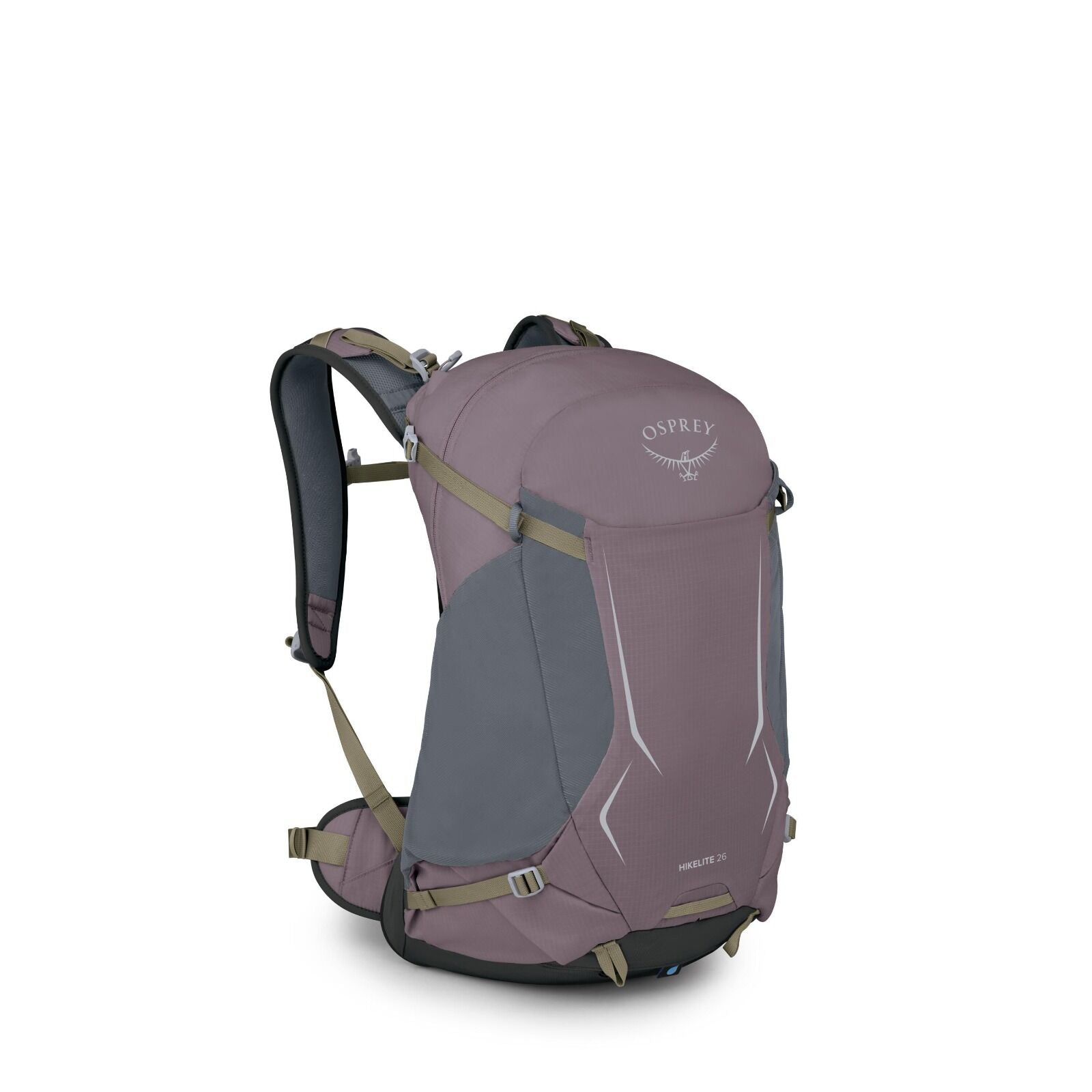 The image shows a purple Osprey backpack with grey accents. The bag features a sleek design with adjustable green straps for securing and carrying, along with padded shoulder straps for comfort. The front of the backpack displays the Osprey logo and the m