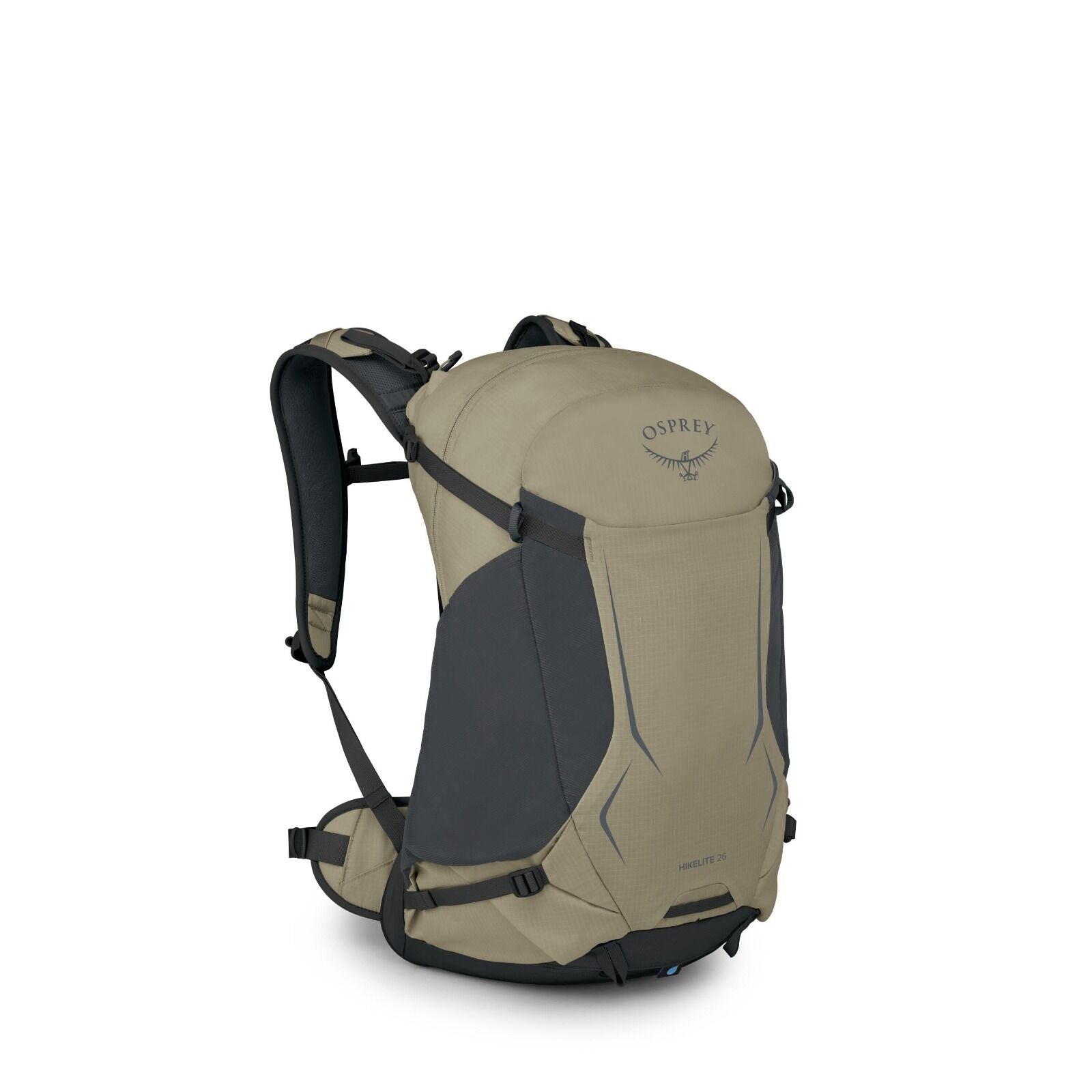 The images depict two Osprey backpacks, specifically the Hikelite 26 model, in different colors. The first image shows a backpack in a muted taupe color, while the second backpack is in a soft olive green shade. Both backpacks feature a sleek design with