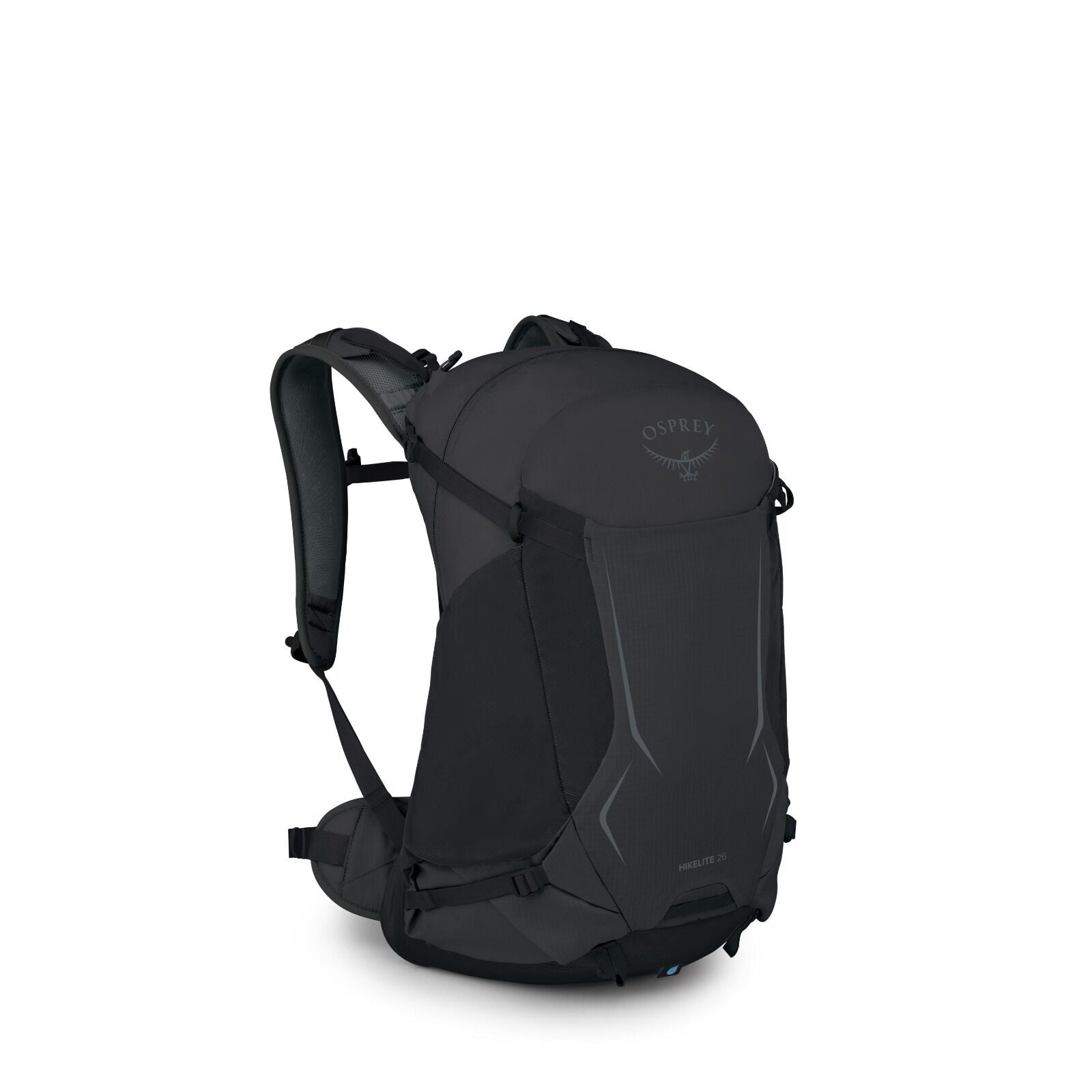 The image displays a black Osprey backpack, prominently showing the brand's logo, an osprey bird in flight, on the top section of the bag. The backpack appears to be designed for hiking, featuring padded shoulder straps, a waist belt for added support, an