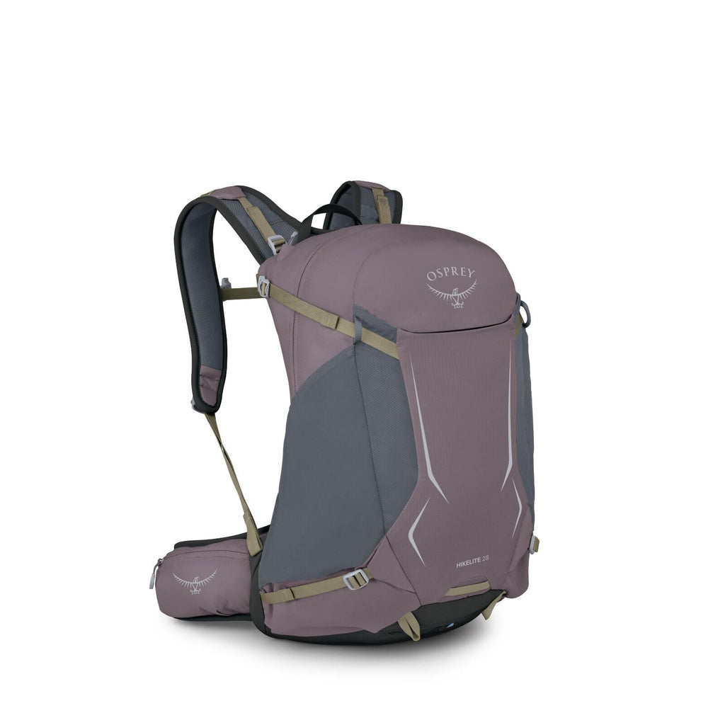 The image displays a hiking backpack made by Osprey, specifically the Hikelite 26 model. The backpack is predominantly a muted purple color with some darker gray accents. It features adjustable shoulder straps and a waist belt, providing ergonomic support