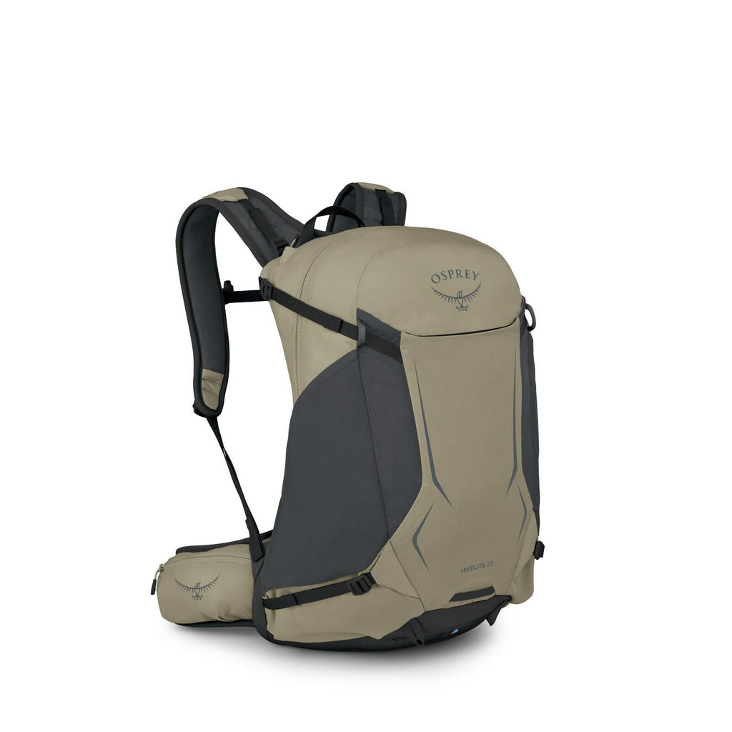 The image depicts an Osprey Hikelite 28 backpack in a neutral color, likely referred to as "tan," with gray accents on the sides and straps. The backpack features the Osprey logo prominently on the top flap and on a small pocket located on the waist strap