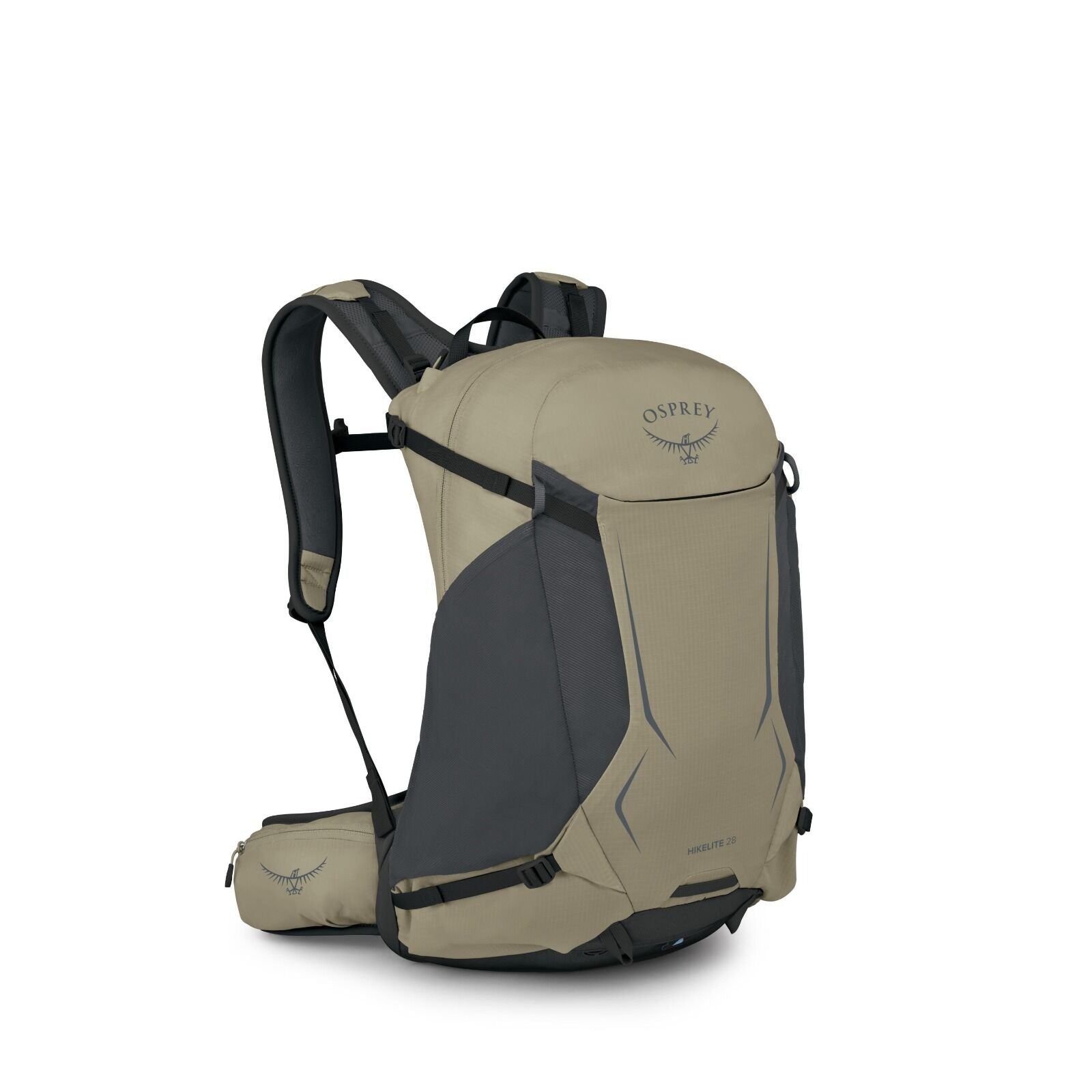 The image depicts an Osprey Hikelite 28 backpack in a neutral color, likely referred to as "tan," with gray accents on the sides and straps. The backpack features the Osprey logo prominently on the top flap and on a small pocket located on the waist strap