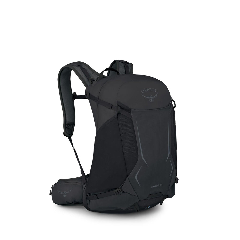 The image features a sleek and modern black backpack from the brand Osprey. The design of the backpack is streamlined with various compartments and adjustable straps for comfort and functionality. Prominently displayed on the front is the Osprey logo, whi
