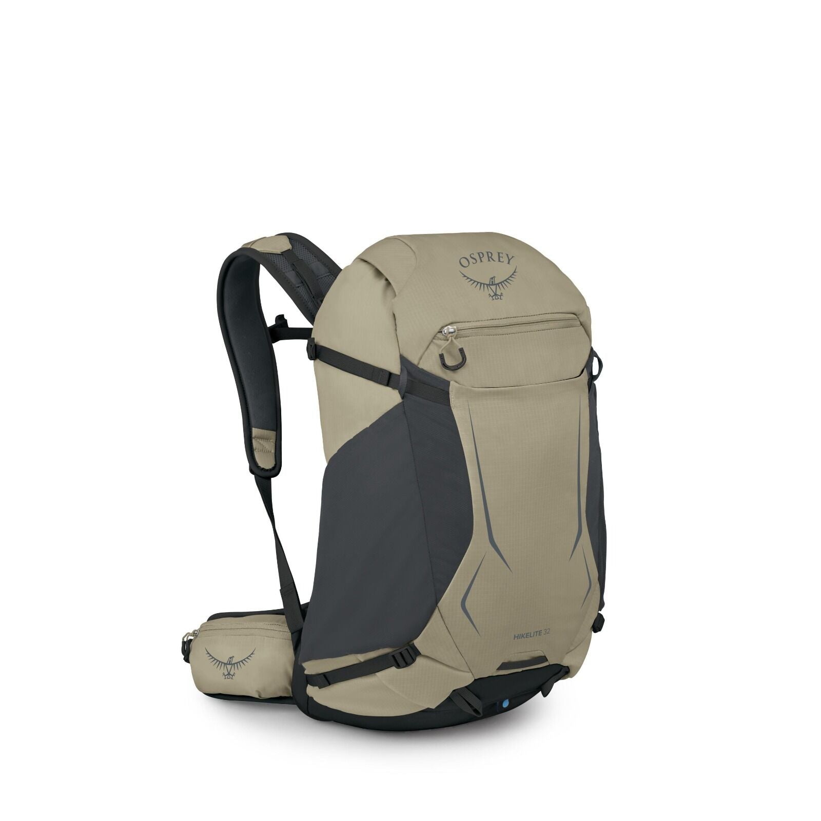 The images depict two variations of the Osprey Hikelite 32 backpack, one in a beige color and the other in an olive green color. Both backpacks feature a front pocket with a zipper, side mesh pockets, adjustable shoulder straps, and a padded hip belt for