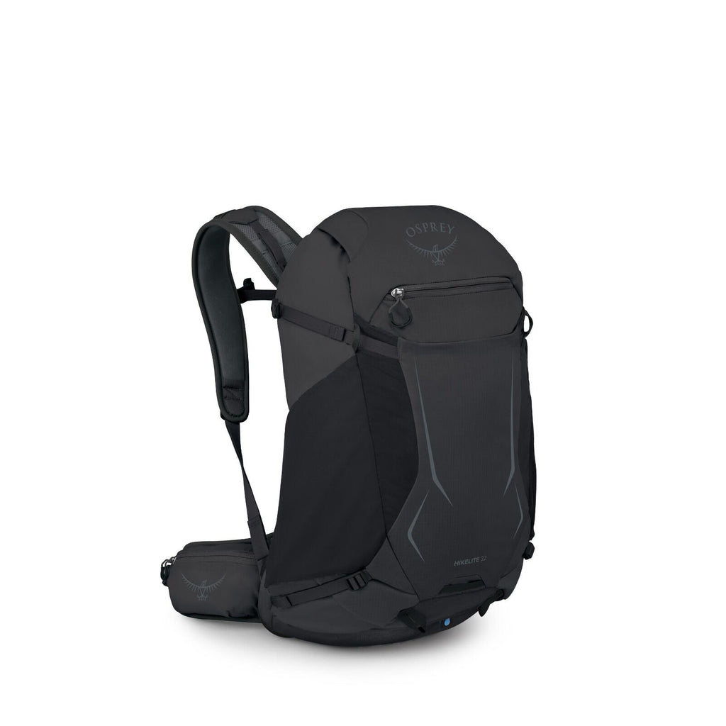 The image shows a black Osprey backpack with a sleek and modern design, likely intended for hiking or outdoor activities. The backpack features multiple compartments and pockets, including a zippered front pocket and side pockets for easy access to water