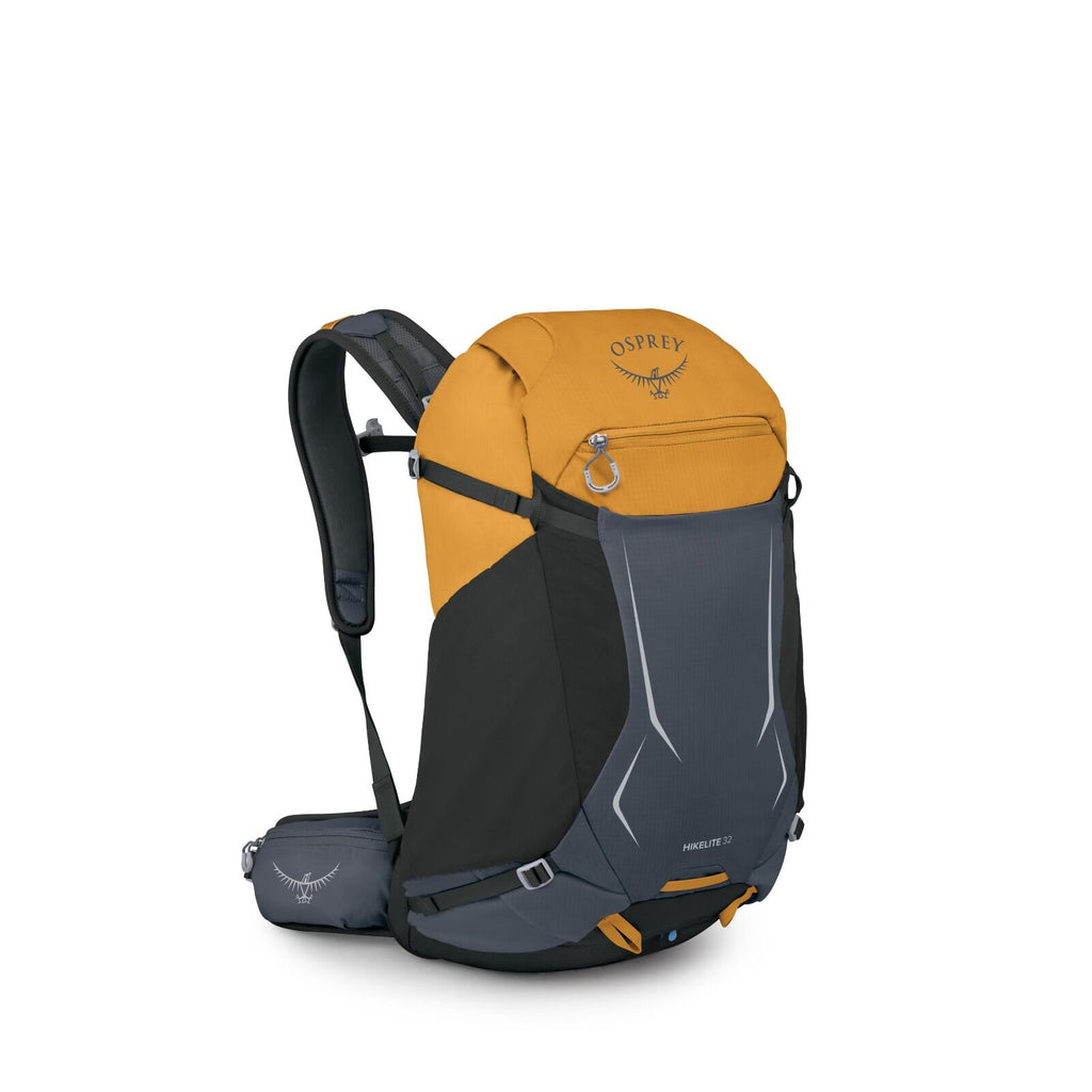 The image showcases a vibrant and durable backpack, specifically an Osprey Hikelite 32. This backpack features a striking design with a combination of ochre yellow at the top and gray at the bottom, creating an appealing contrast. It has multiple compartm