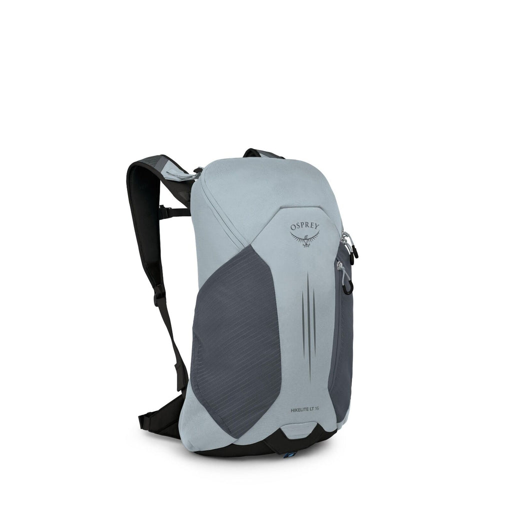 The image displays a light gray and dark gray Osprey backpack. The backpack has a sleek and compact design with the brand's logo, an Osprey bird emblem, prominently featured on the upper section. There are minimalistic, vertical line patterns on the front