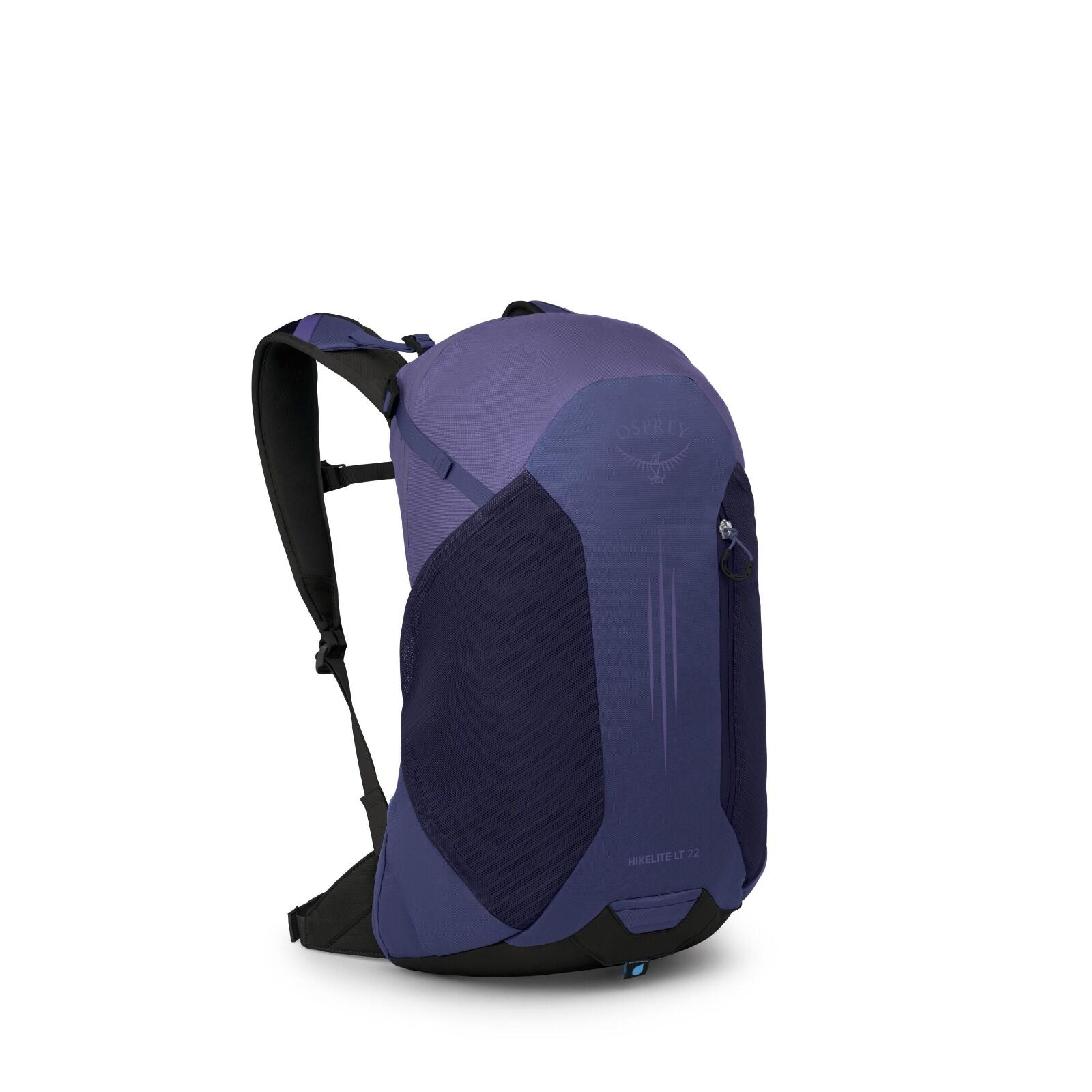The images showcase a backpack designed by Osprey, specifically the Hikelite LT 22 model. The backpack is primarily purple with some dark accents, offering a sleek and modern design. The Osprey logo is prominently featured on the upper part of the pack. T