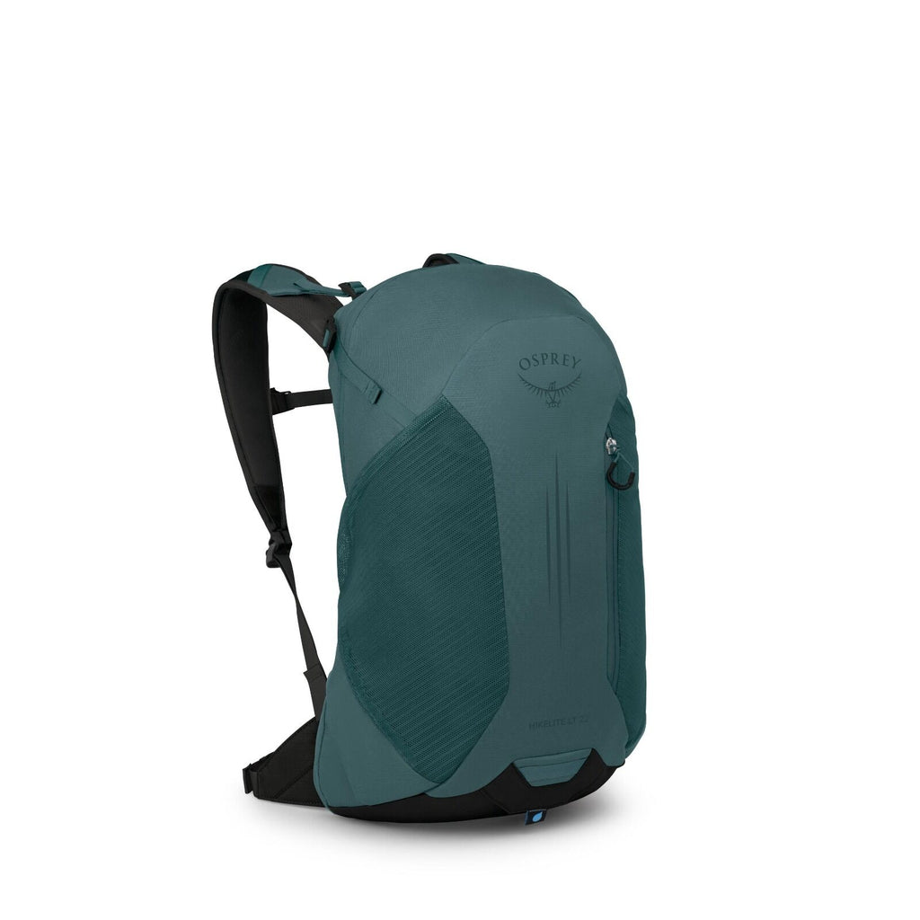 The image displays a teal-colored backpack, specifically the Osprey Hikelite LT 23. The backpack has a sleek design, featuring the Osprey logo prominently on its upper front section, with an outline of an eagle in flight. The bag appears to have a mesh si
