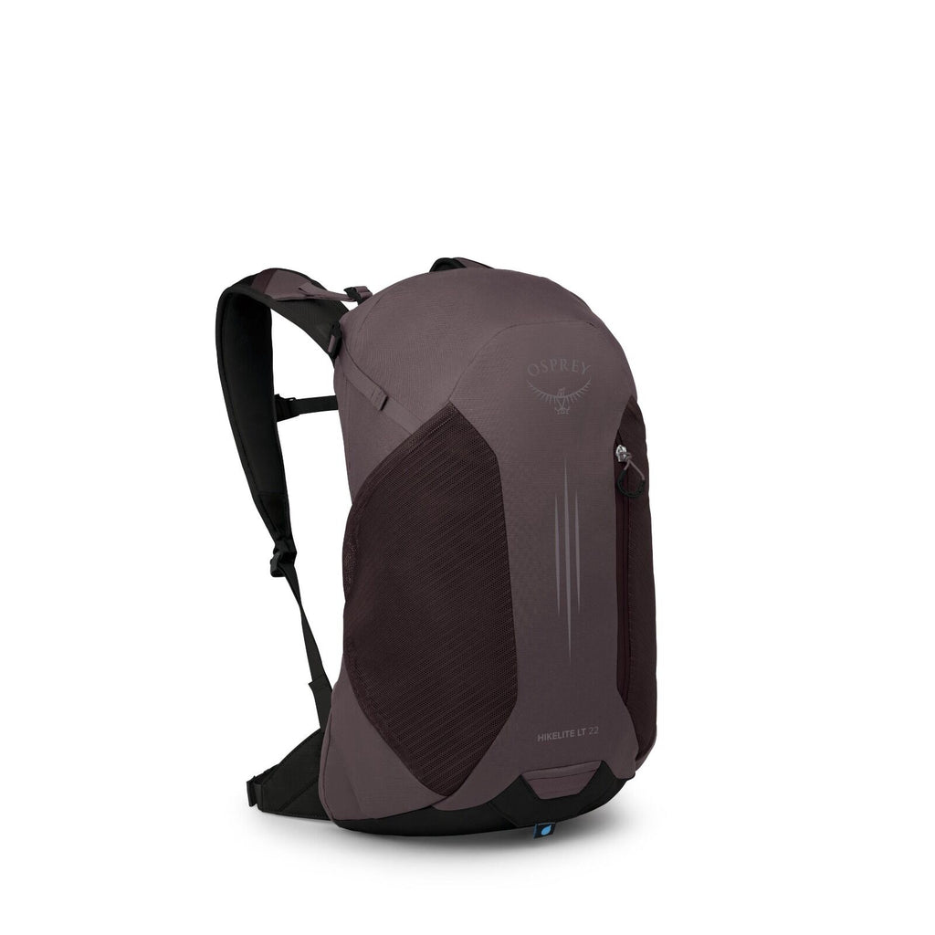 The image depicts an Osprey backpack, specifically the Hikelite LT 22 model, viewed at an angle that showcases its design features. The backpack is primarily a dark purple or plum color with black accents on the straps and the base. The Osprey logo is vis