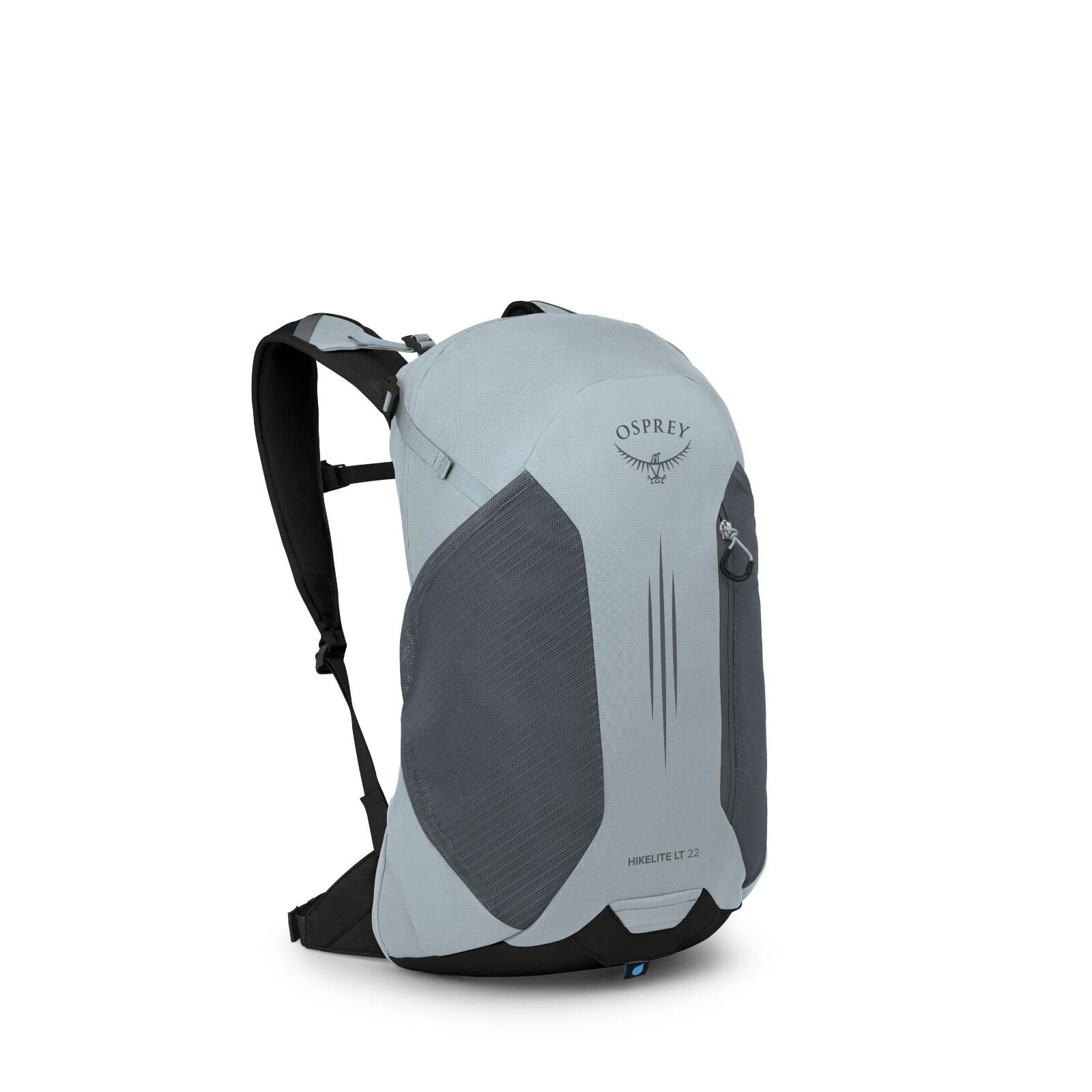 The image showcases an Osprey Hikelite LT 22 backpack in a light blue-gray color. This backpack features a sleek design with a front zip pocket, a top handle, and padded shoulder straps for comfortable carrying. The Osprey logo is prominently displayed on