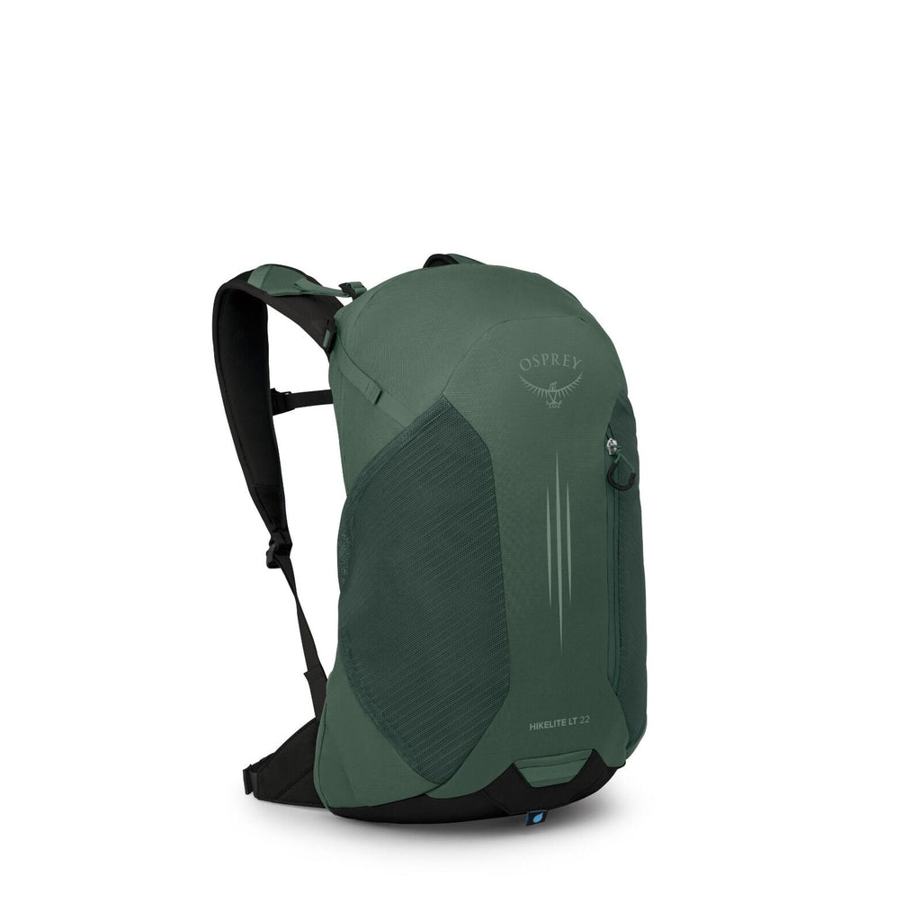 The image showcases an Osprey backpack, specifically the Hikelite LT 22 model. The backpack is a deep forest green color with black accents and a streamlined design. On the top of the bag, the Osprey logo is prominently displayed, featuring the brand name