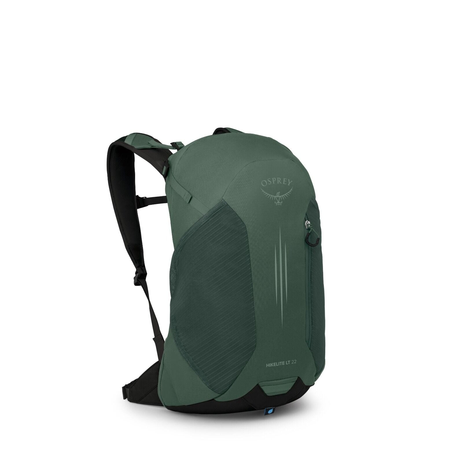 The image showcases an Osprey backpack, specifically the Hikelite LT 22 model. The backpack is a deep forest green color with black accents and a streamlined design. On the top of the bag, the Osprey logo is prominently displayed, featuring the brand name