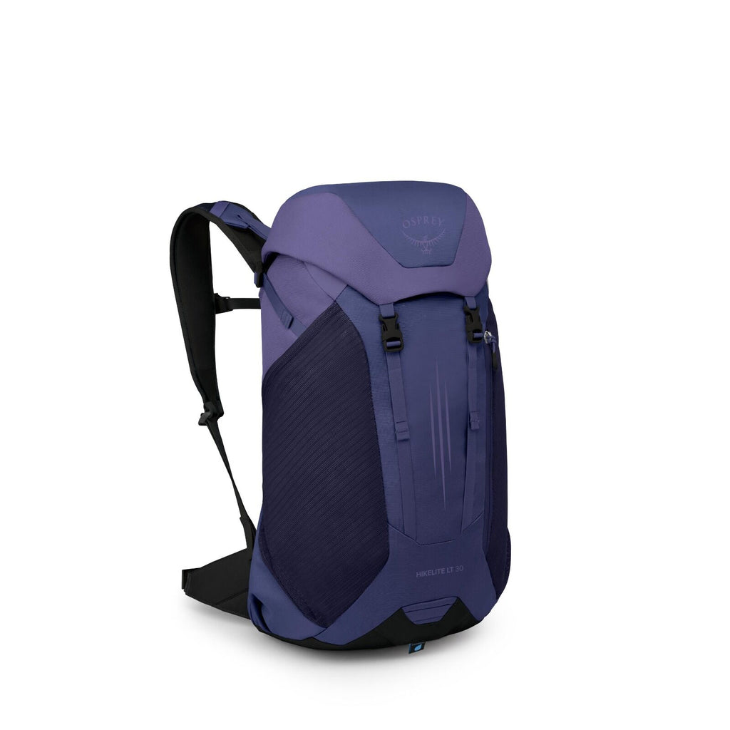 The image features a sleek, modern backpack designed by Osprey, specifically the Hikelite LT 30 model. The backpack is predominantly deep purple with black accents and has a streamlined design with functional features for hiking or outdoor use. It include