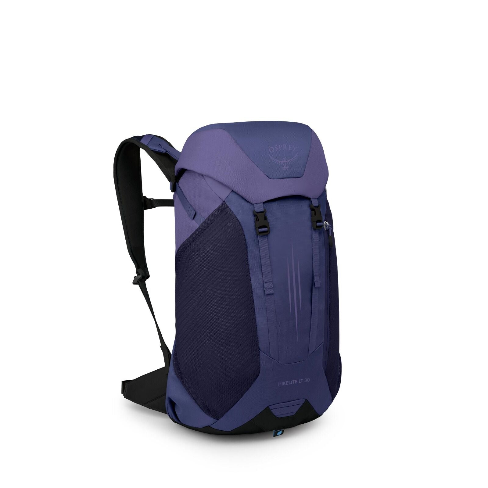 The image features a sleek, modern backpack designed by Osprey, specifically the Hikelite LT 30 model. The backpack is predominantly deep purple with black accents and has a streamlined design with functional features for hiking or outdoor use. It include