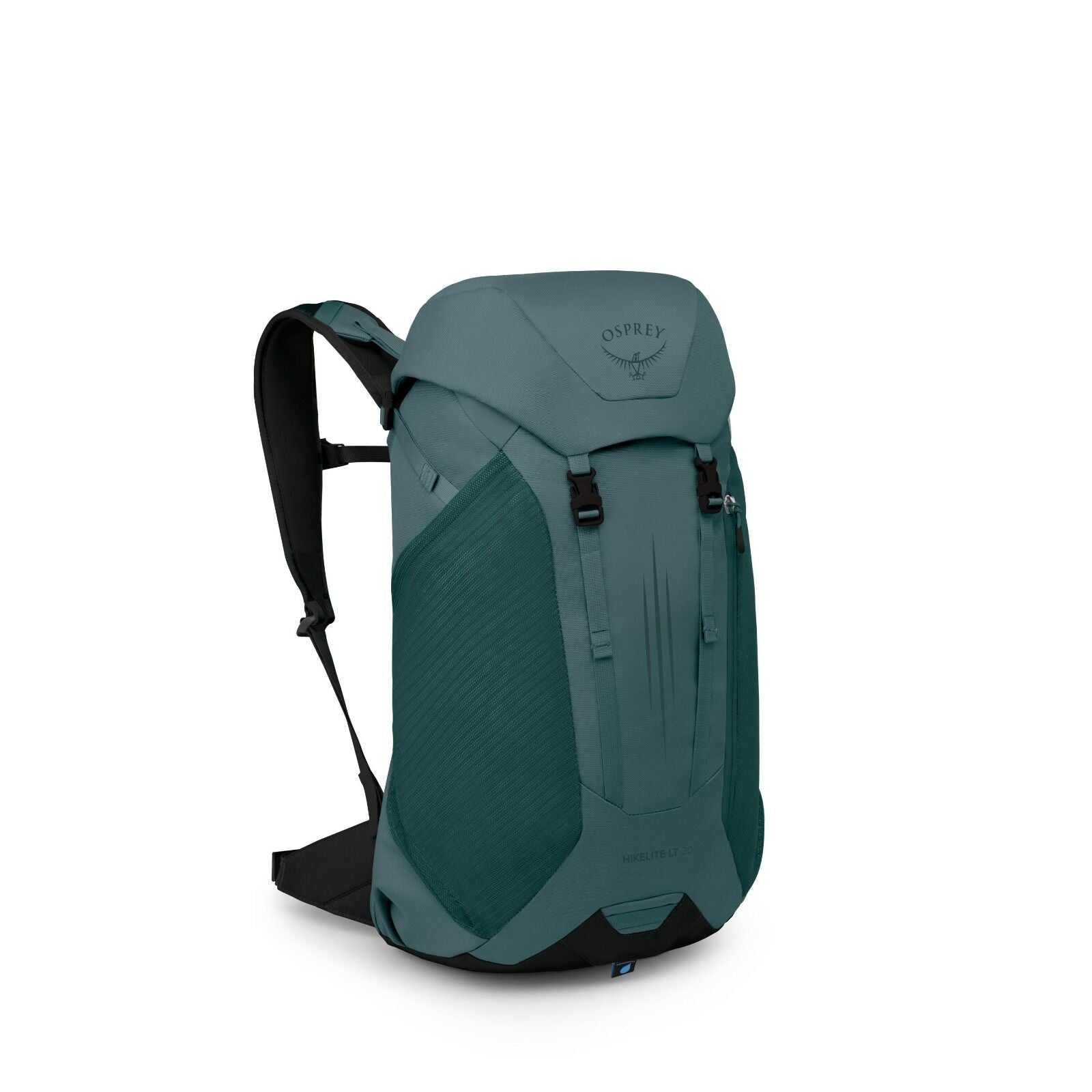The image features a green Osprey hiking backpack with the model name "Hikelite LT 30" visible at the bottom front. The backpack showcases a sleek design with a large main compartment covered by a top flap that fastens with two black buckles. The sides of